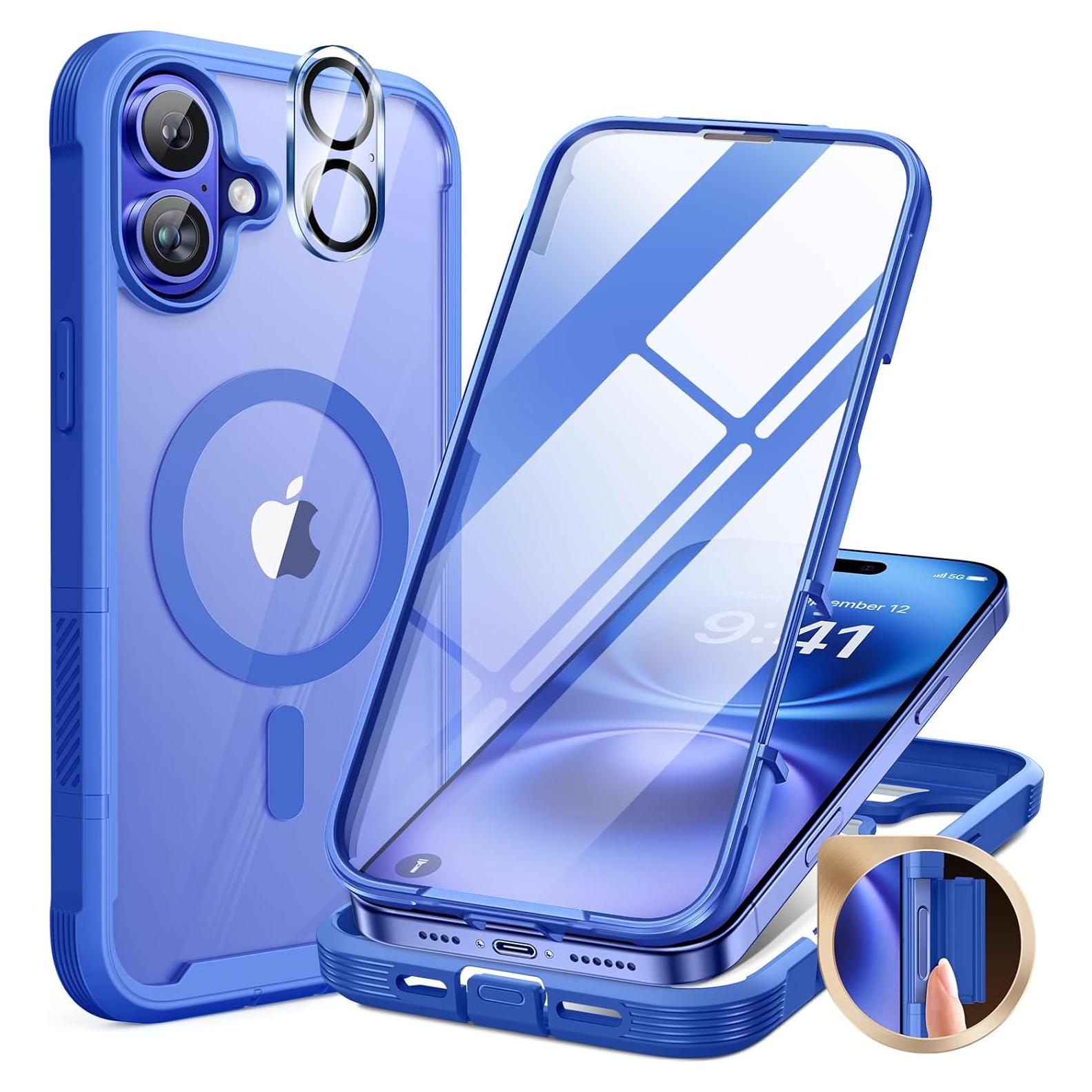 Funda Miracase para iPhone 16 Plus con Protector 360° Azul