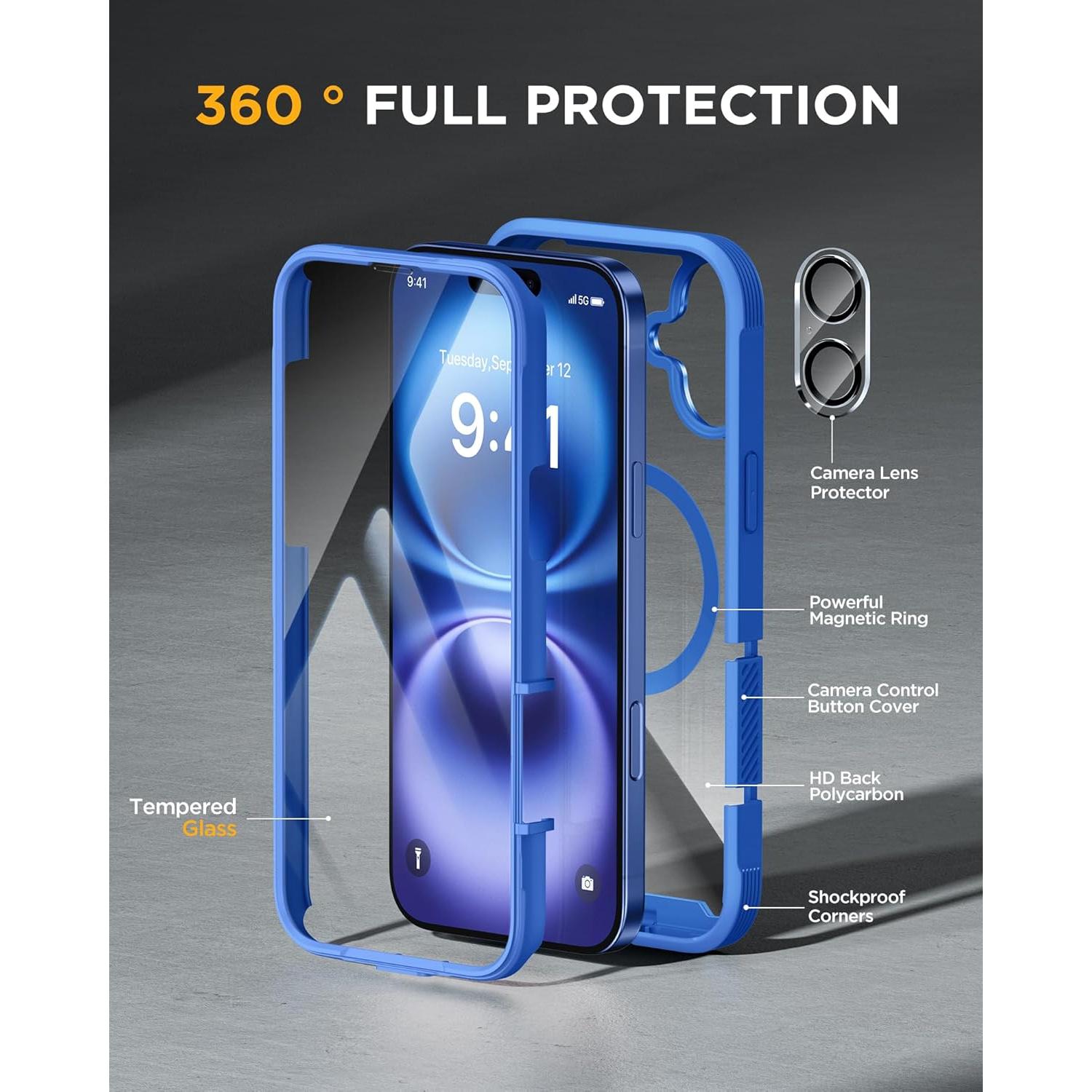 Funda Miracase para iPhone 16 Plus con Protector 360° Azul