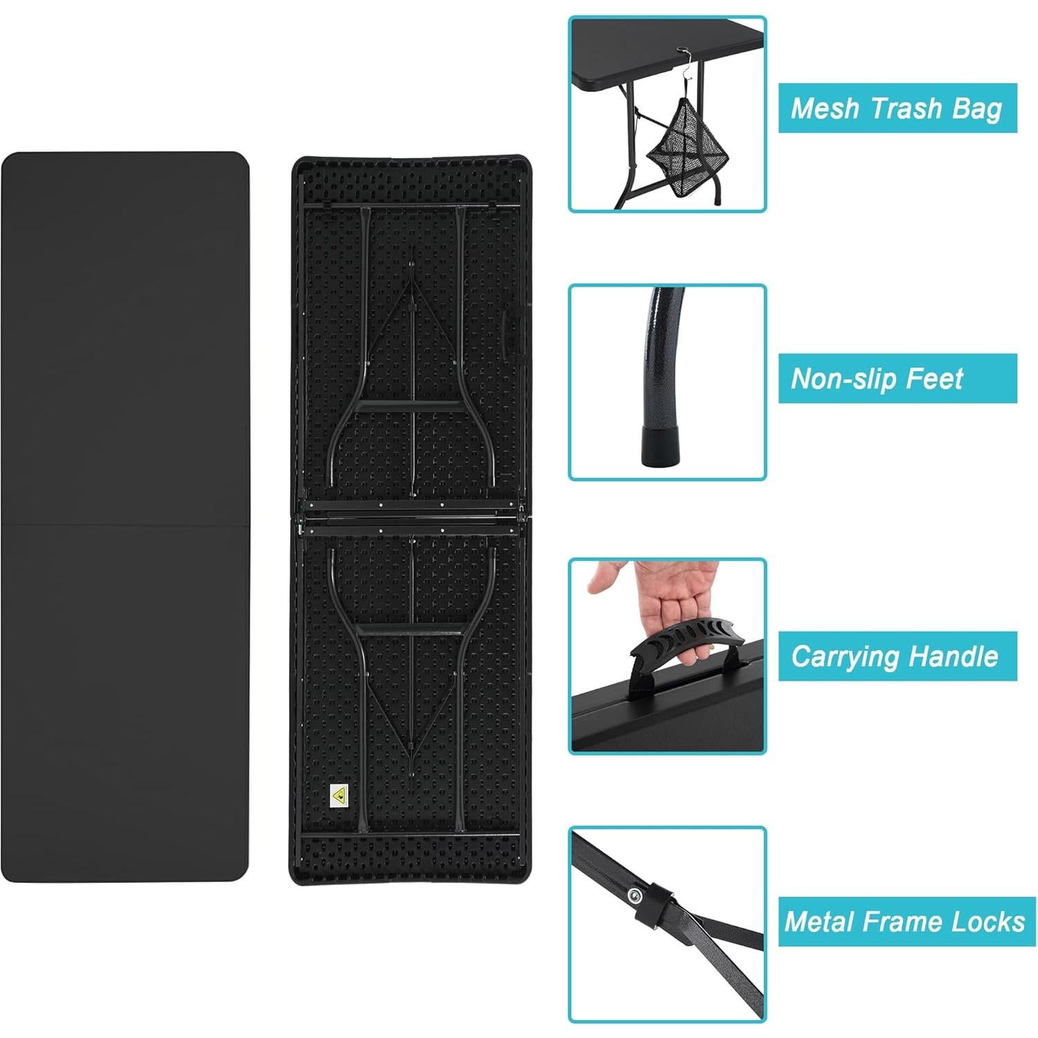 Mesa Plegable Portátil VECELO 182.88 cm Negra para Camping