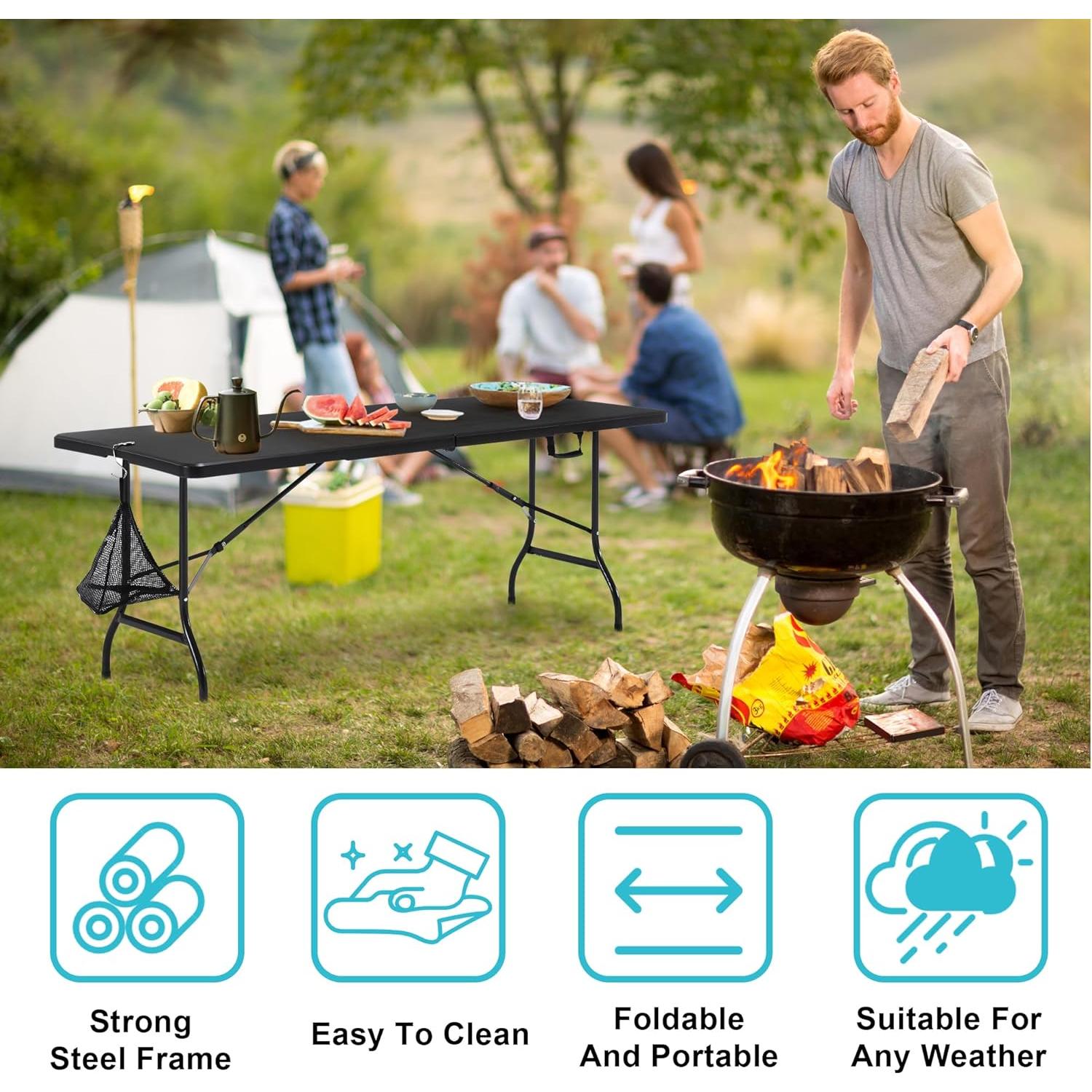 Mesa Plegable Portátil VECELO 182.88 cm Negra para Camping