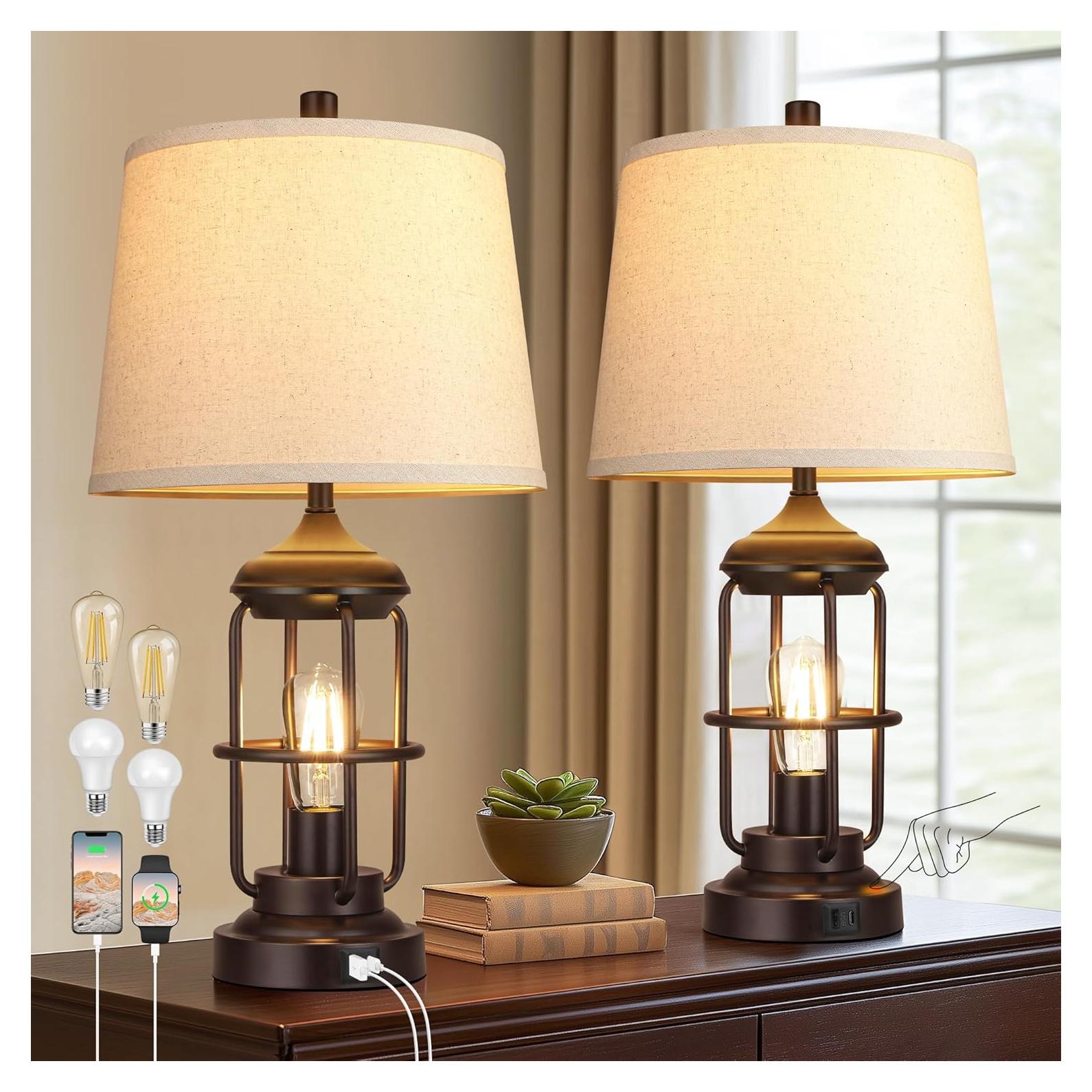 Lámpara de Mesa Qimh Juego de 2 con Puertos USB y Luz Nocturna