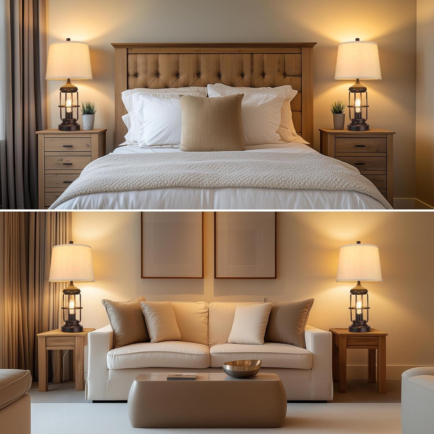 Lámpara de Mesa Qimh Juego de 2 con Puertos USB y Luz Nocturna