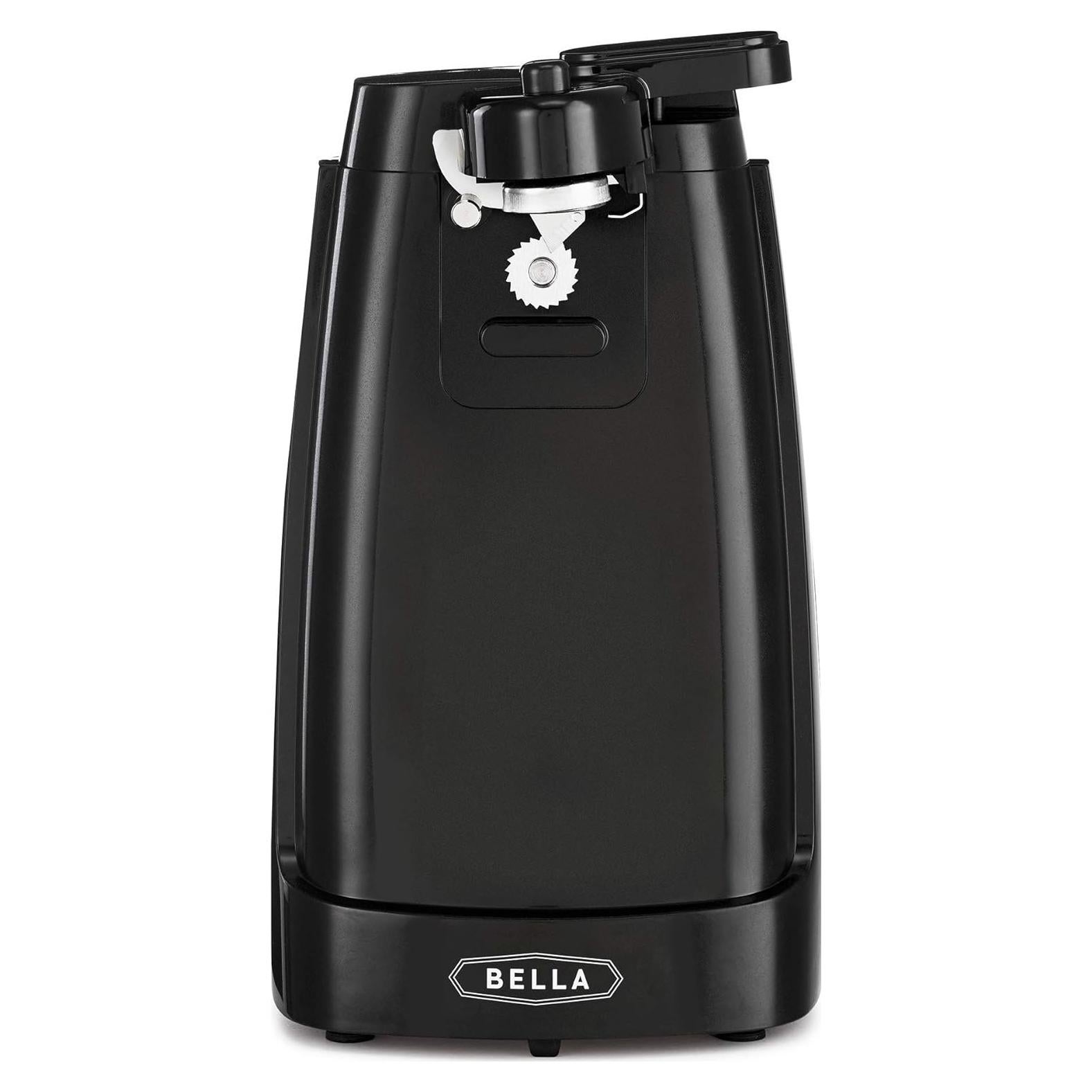 BELLA Electric Can Opener and Knife Sharpener, Multifunctional Jar and Bottle Opener with Removable Cutting Lever and Cord Storage, Stainless Steel Blade, Black