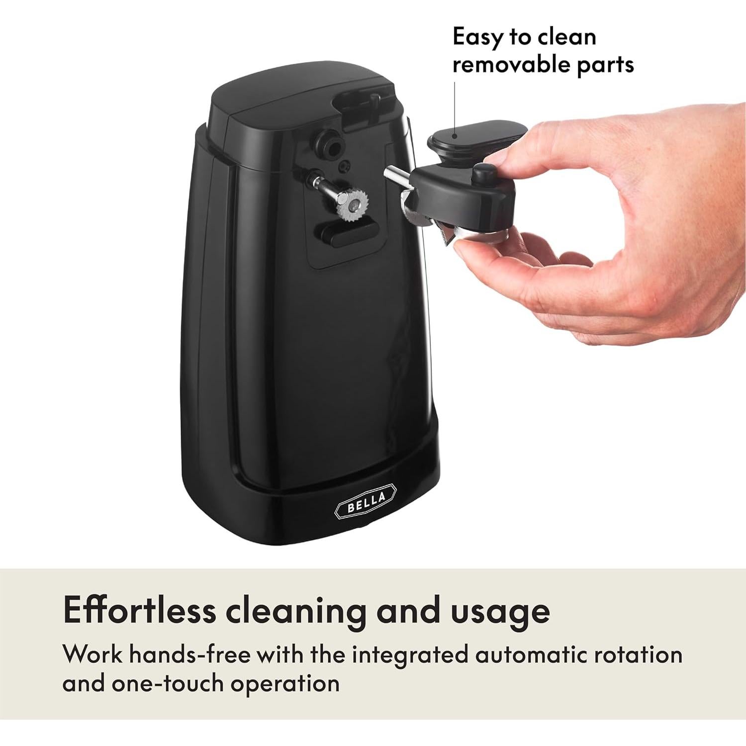 BELLA Electric Can Opener and Knife Sharpener, Multifunctional Jar and Bottle Opener with Removable Cutting Lever and Cord Storage, Stainless Steel Blade, Black