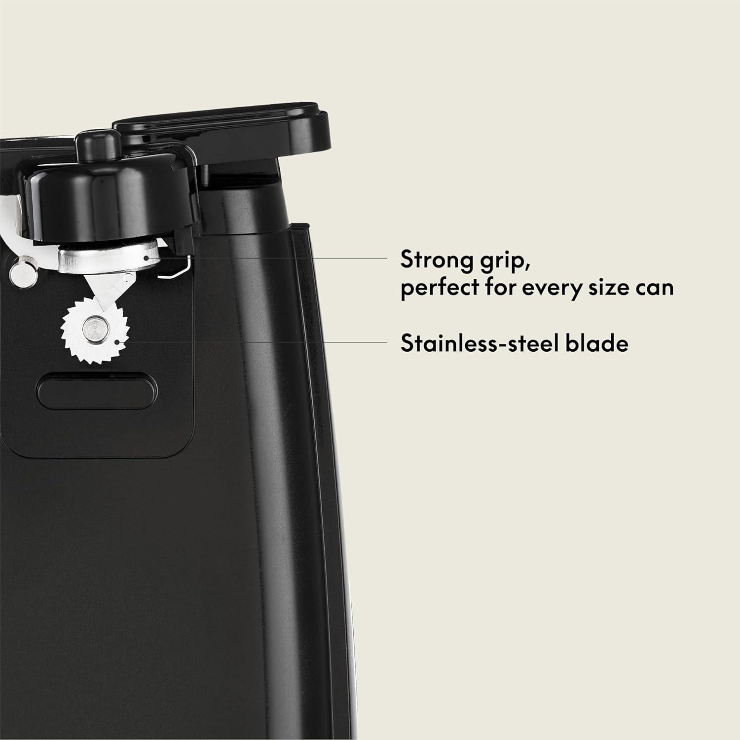 BELLA Electric Can Opener and Knife Sharpener, Multifunctional Jar and Bottle Opener with Removable Cutting Lever and Cord Storage, Stainless Steel Blade, Black