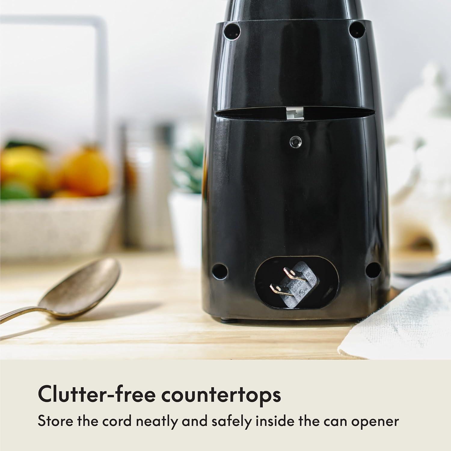 BELLA Electric Can Opener and Knife Sharpener, Multifunctional Jar and Bottle Opener with Removable Cutting Lever and Cord Storage, Stainless Steel Blade, Black