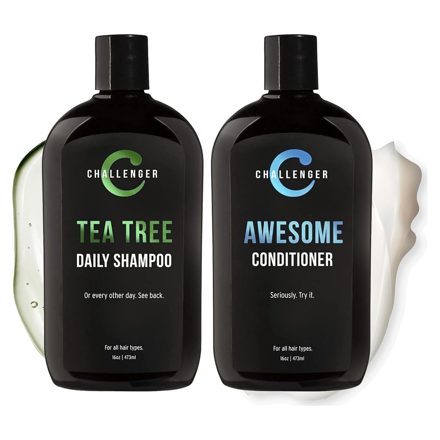 Challenger Tea Tree Shampoo & Peppermint Conditioner Combo | Men's Shower Product | For Itchy & Dry Scalp | Removes Dirt & Oils | Argan Oil, Biotin | Artificial Color Free | 2x 16oz