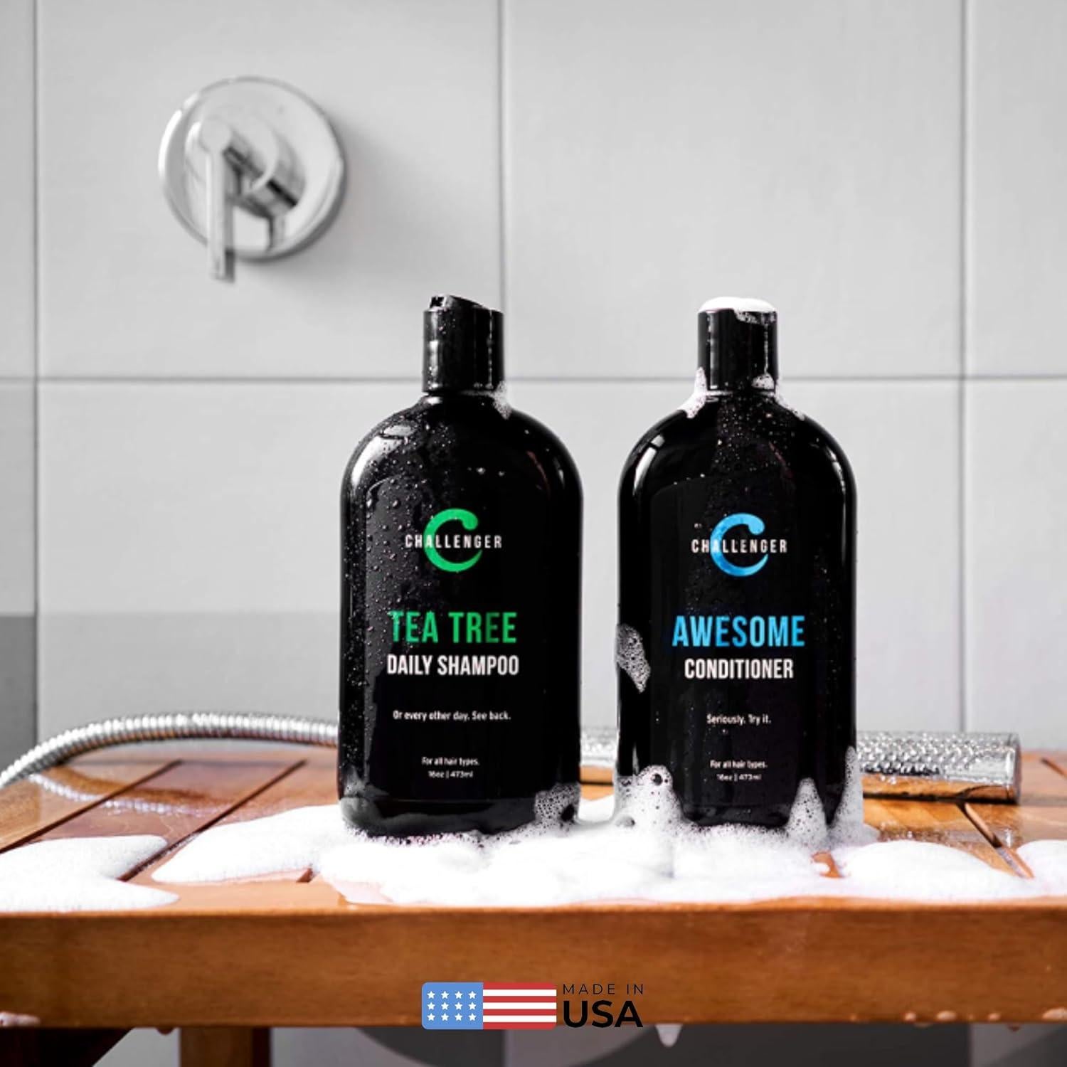 Challenger Tea Tree Shampoo & Peppermint Conditioner Combo | Men's Shower Product | For Itchy & Dry Scalp | Removes Dirt & Oils | Argan Oil, Biotin | Artificial Color Free | 2x 16oz