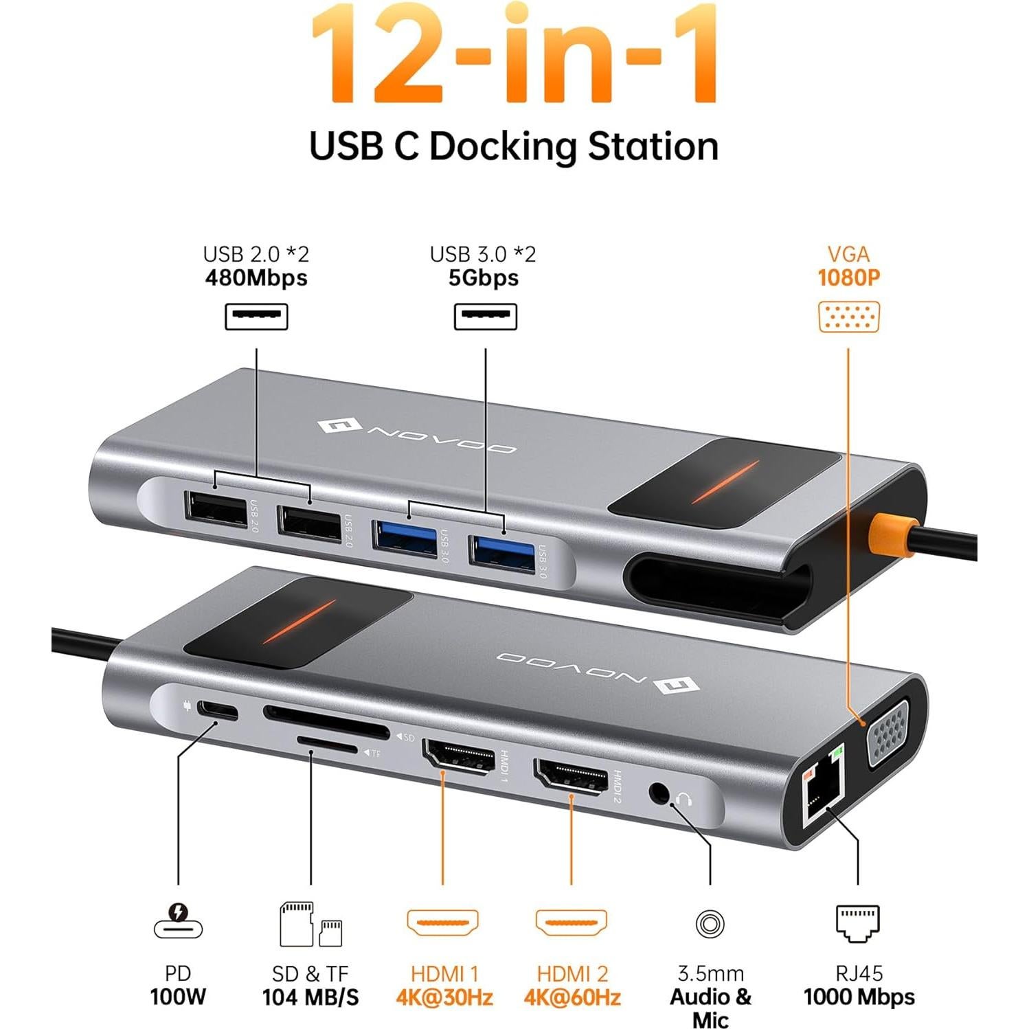 Estación de Acoplamiento USB C 12 en 1 NOVOO - Doble Monitor