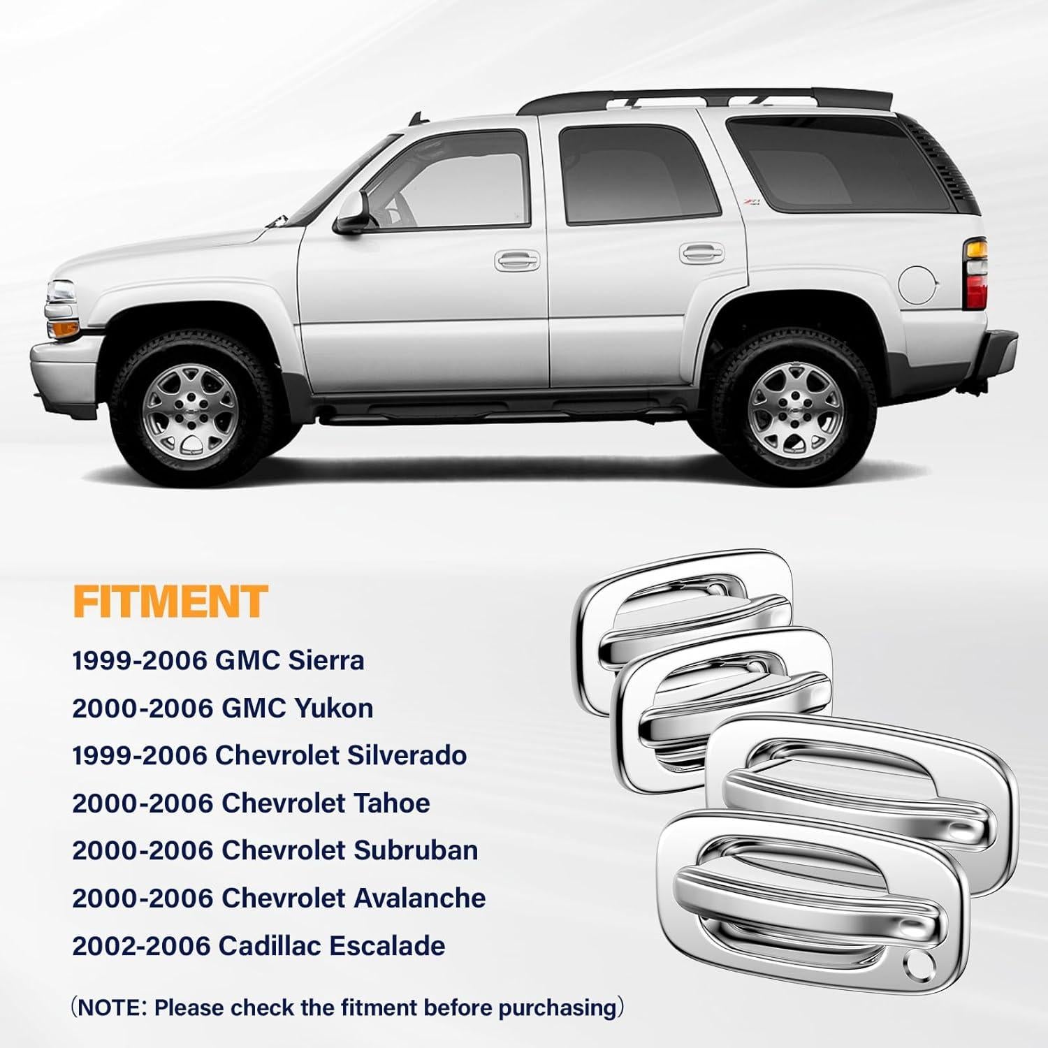 Tutor Auto Chrome Door Handle Covers Compatible with 99-06 Chevrolet Silverado Tahoe Avalanche Suburban | 99-06 GMC Yukon Sierra |02-06 Cadillac Escalade W/O Passenger Side Keyhole