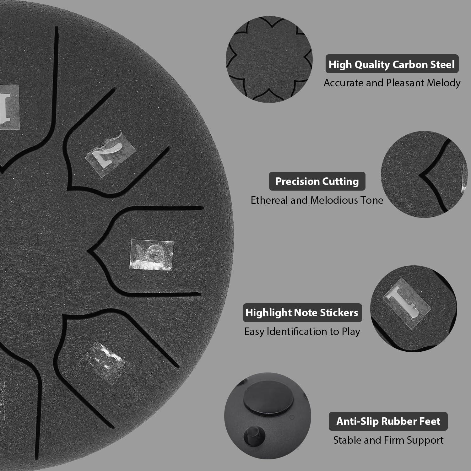 Tambor de Lengua de Acero Eavnbaek 6" Negro 8 Notas con Accesorios