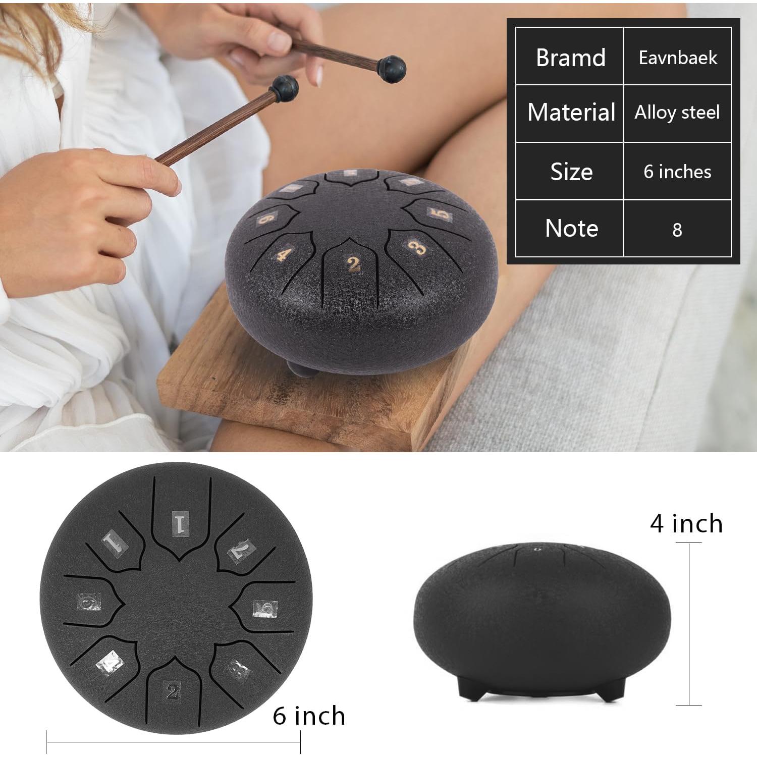 Tambor de Lengua de Acero Eavnbaek 6" Negro 8 Notas con Accesorios