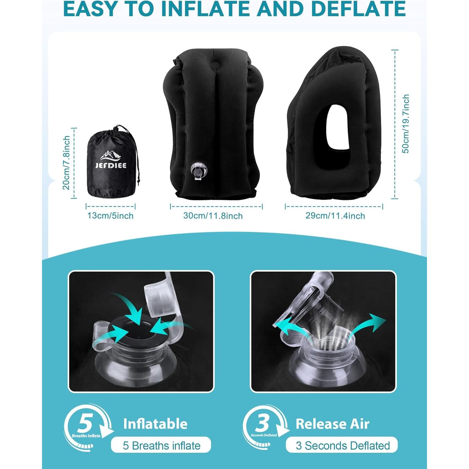 Almohada Inflable de Viaje JefDiee Negra Ergonomica 30x50 cm