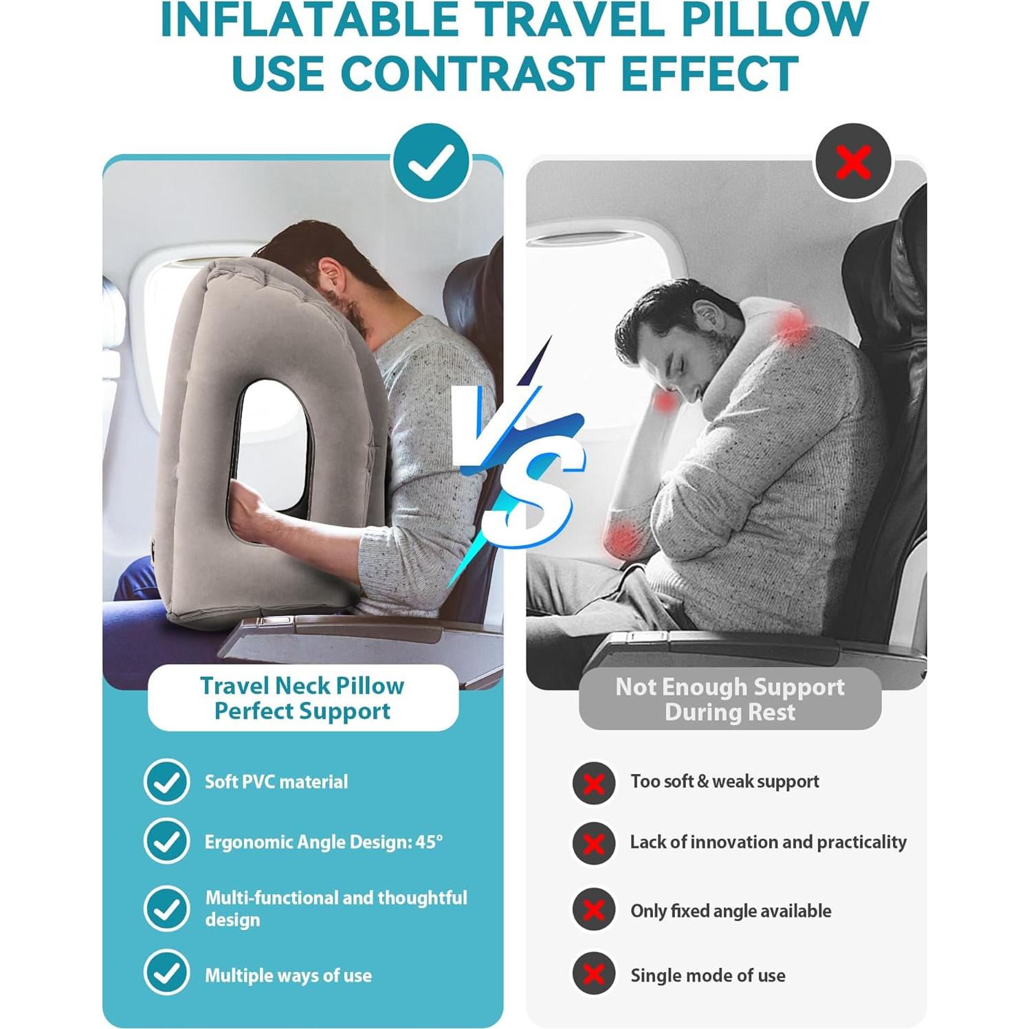 Almohada de Viaje Inflable JefDiee Gris Ergonomica 30x50 cm