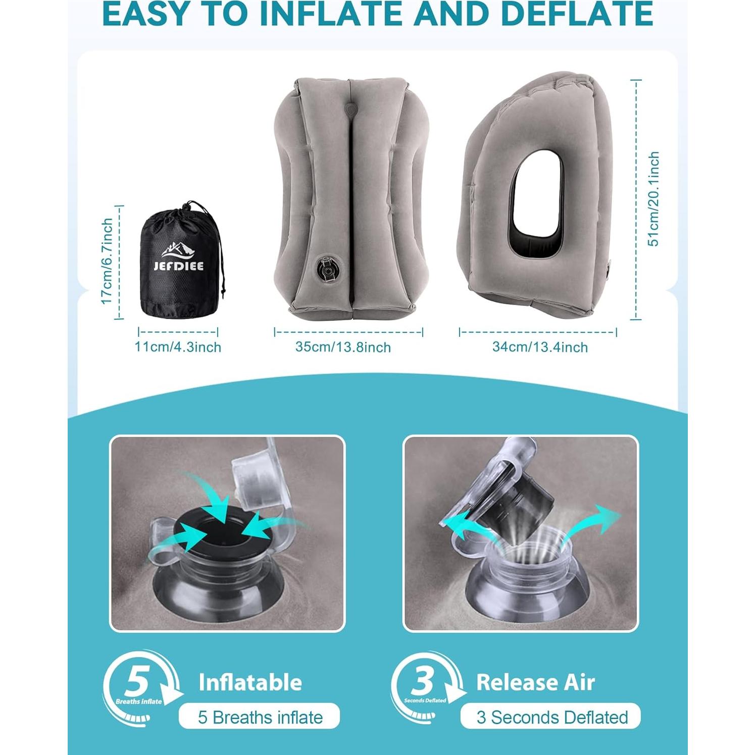 Almohada de Viaje Inflable JefDiee Gris Ergonomica 30x50 cm