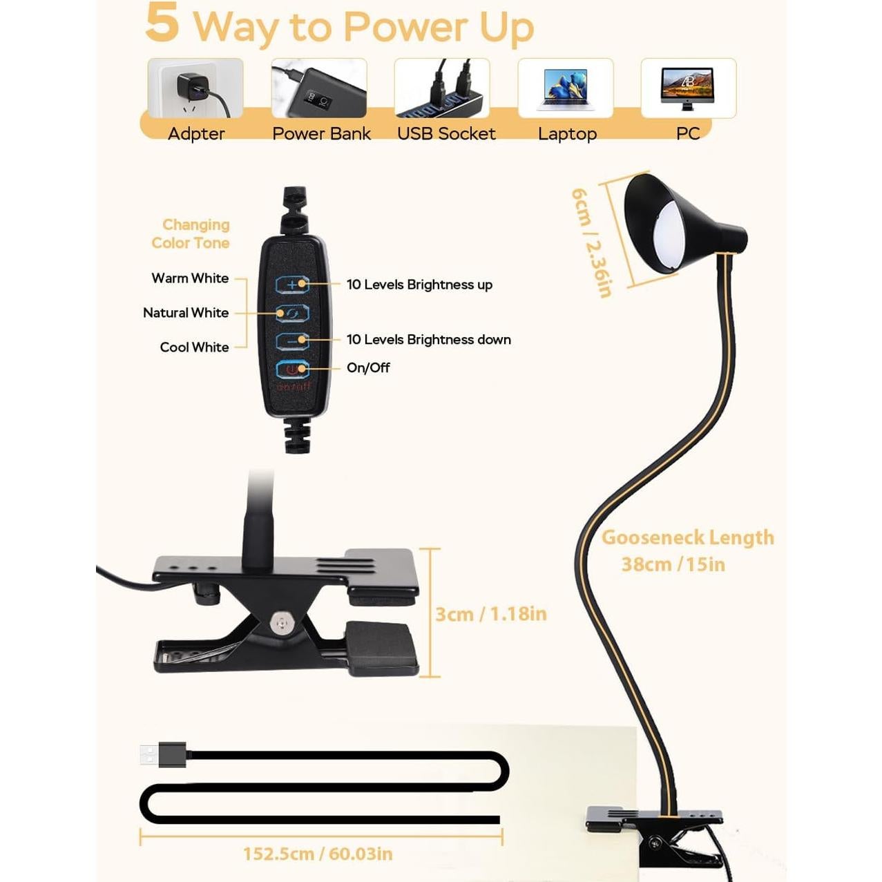 Lámpara de lectura LED LiFMIRA con clip y 3 modos de luz