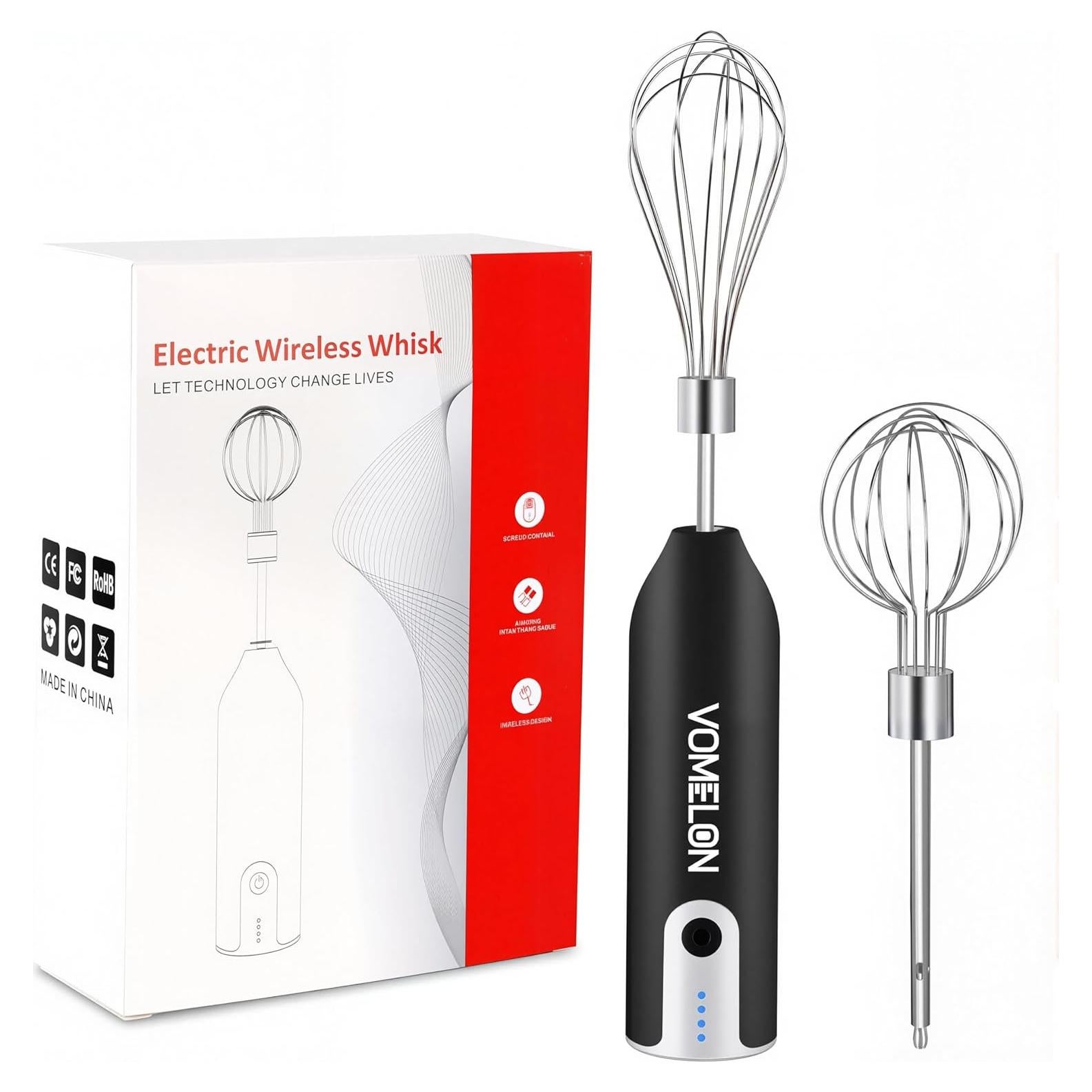 Electric Hand Mixer Whisk| Wireless Rechargeable Handheld Egg Beater with 2 Stainless Steel Mixing Heads | Portable Kitchen Aid Hand Mixer for Egg, Milkshake Cream, Cake, Baking & Cooking-Black