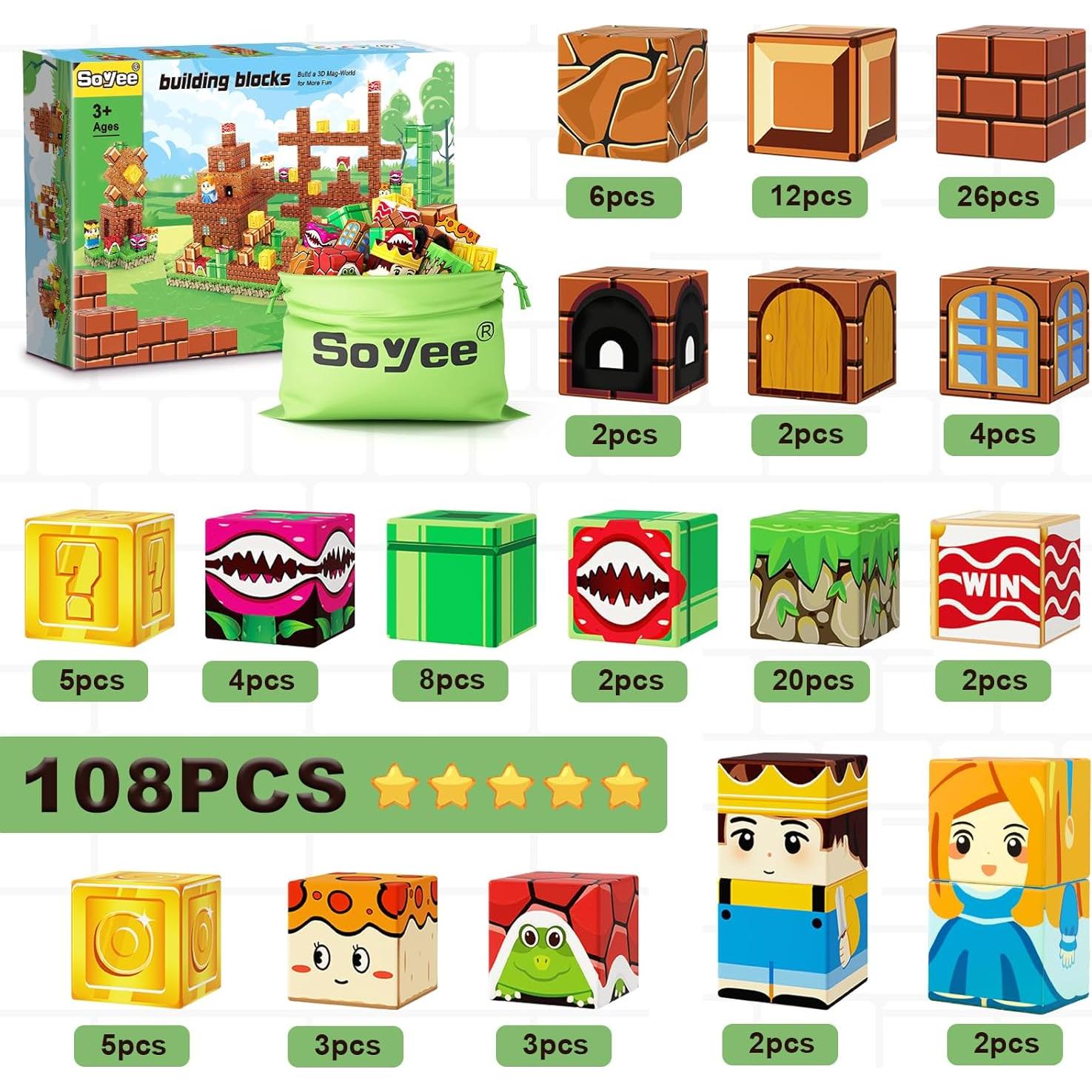 Juego de Bloques Magnéticos Soyee 108 Piezas para Niños