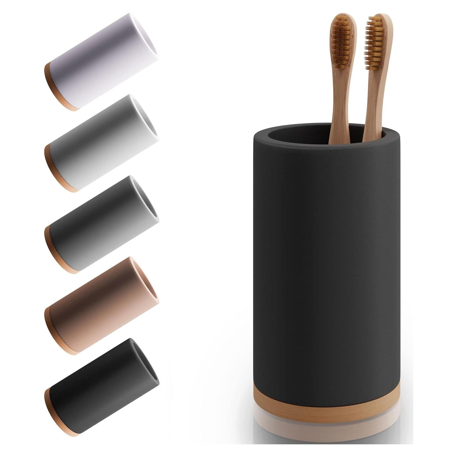 Matani Bamboo Toothbrush Holder Diatomite Tooth Brush Organizer - Storage Stand for Small Bathroom & Counter - Removable Base & Drain Holes, Water-Absorbent & Quick-Drying (Black)