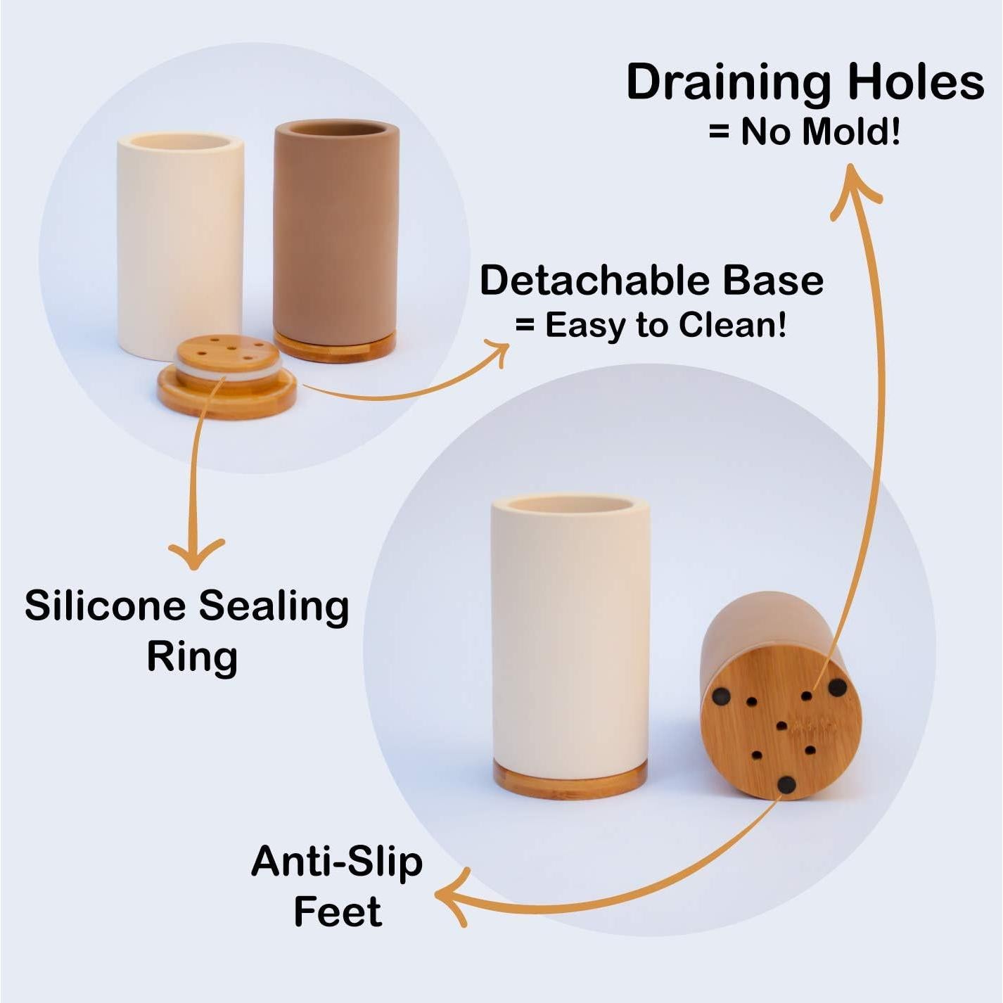 Matani Bamboo Toothbrush Holder Diatomite Tooth Brush Organizer - Storage Stand for Small Bathroom & Counter - Removable Base & Drain Holes, Water-Absorbent & Quick-Drying (Black)