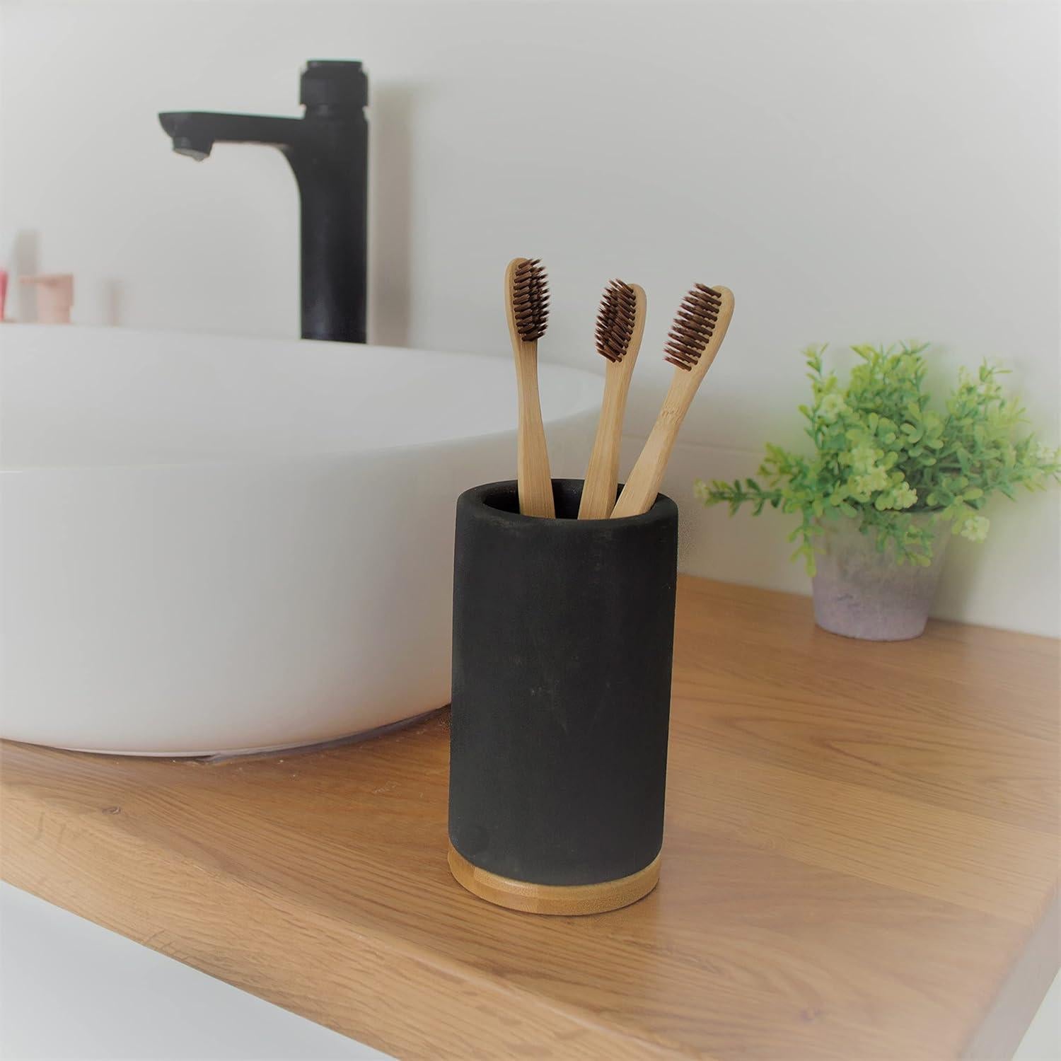 Matani Bamboo Toothbrush Holder Diatomite Tooth Brush Organizer - Storage Stand for Small Bathroom & Counter - Removable Base & Drain Holes, Water-Absorbent & Quick-Drying (Black)