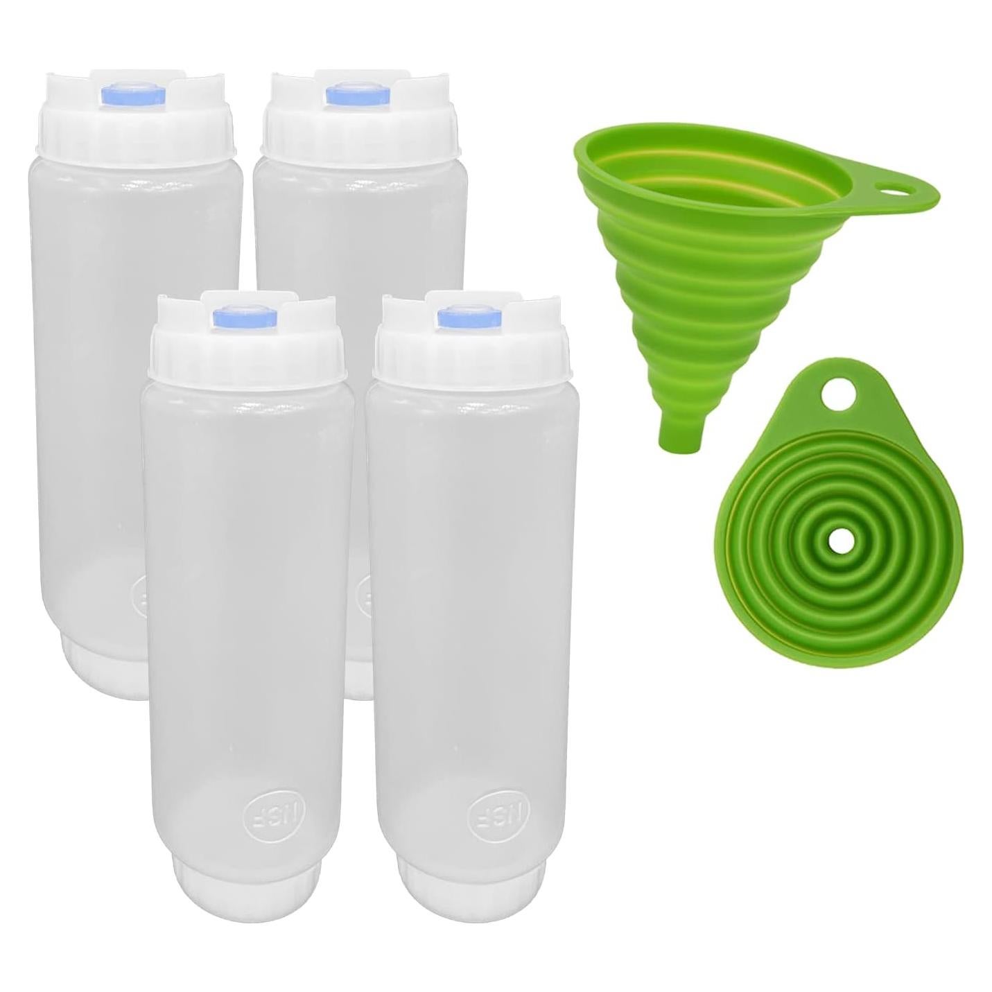 FIFO Squeeze Bottle Refillable (4 Pack) Blue Dispenser for Thick Condiments, Tartar Sauces, Rellish and Dressing with Flexible Funnel