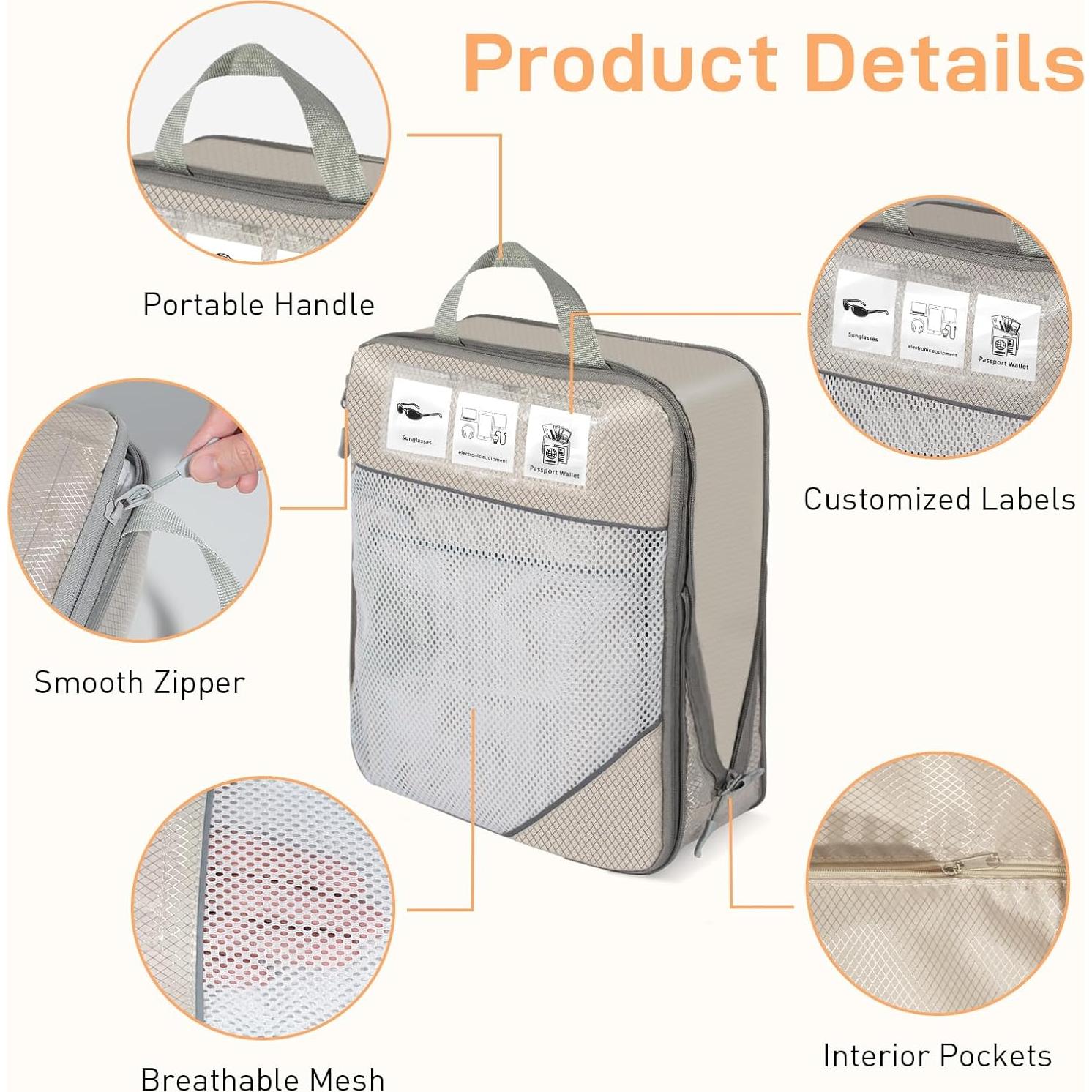 Cubos de Compresión ZDAUK 6 Set Beige para Empacar Viajes