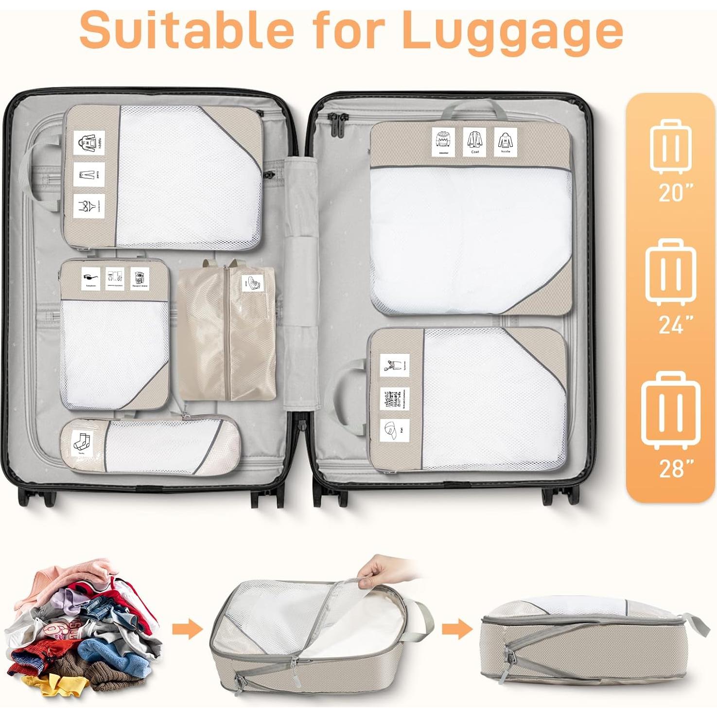 Cubos de Compresión ZDAUK 6 Set Beige para Empacar Viajes