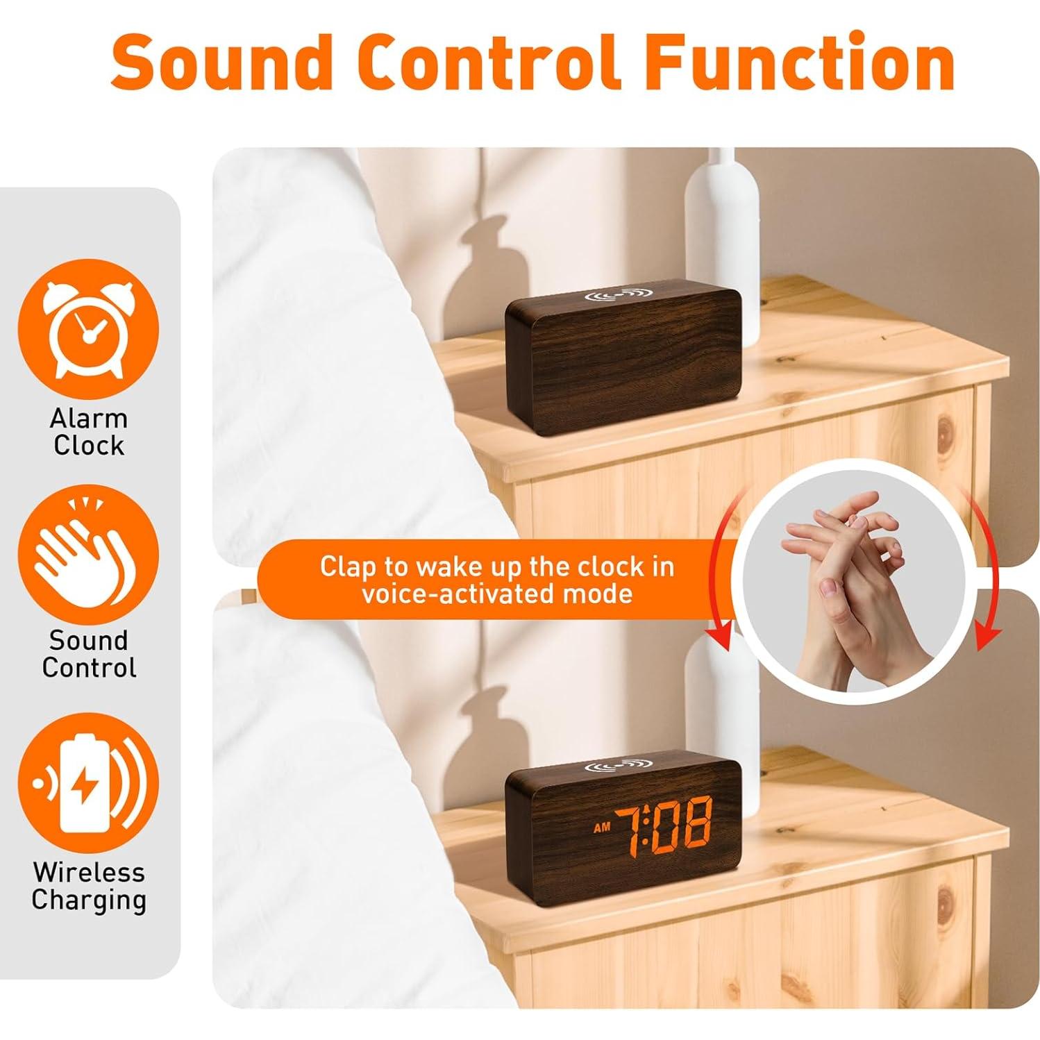 Reloj Despertador Digital CLEVER BRIGHT Madera Carga Inalámbrica