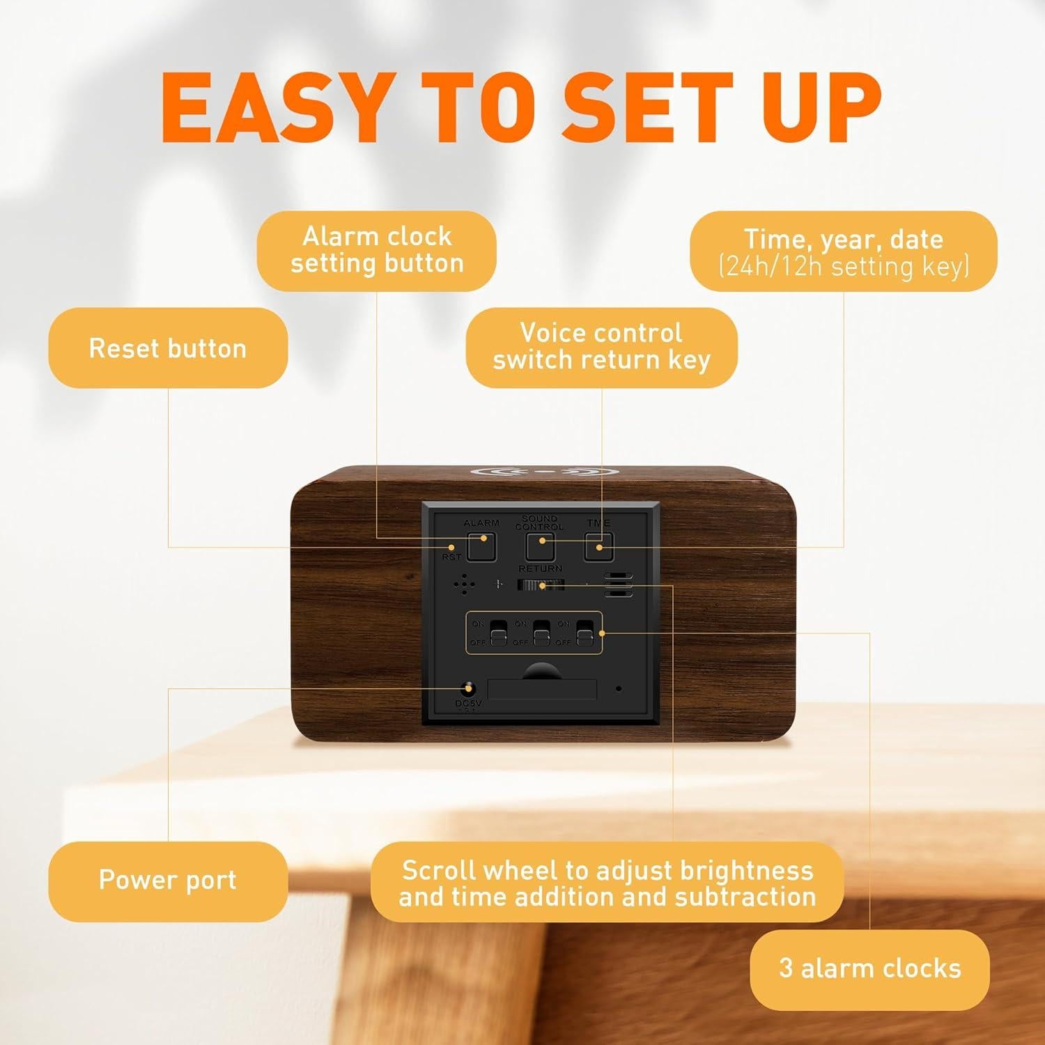 Reloj Despertador Digital CLEVER BRIGHT Madera Carga Inalámbrica