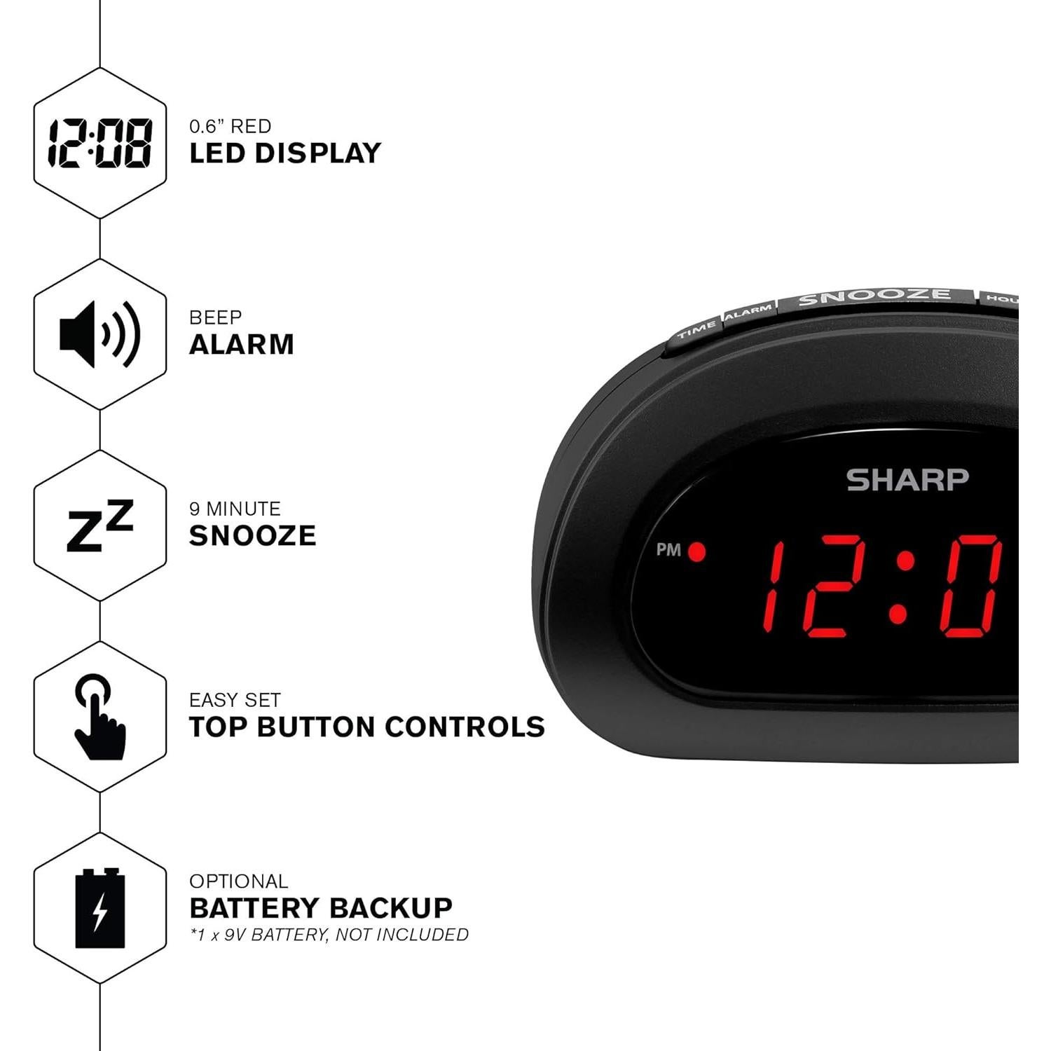 Reloj Despertador Digital SHARP Negro con Snooze y Batería