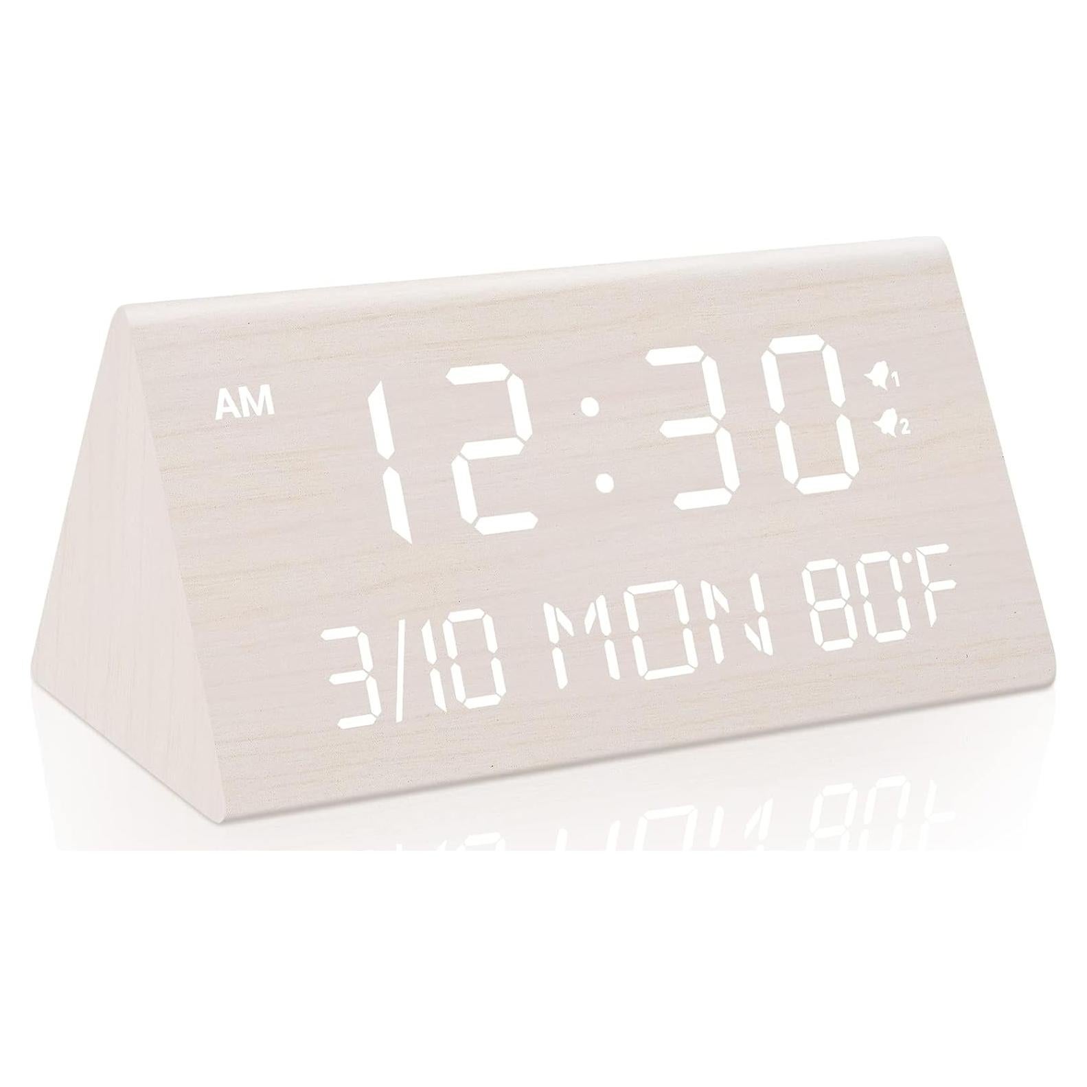 Reloj Despertador Digital Kogonee de Madera Blanco, Doble Alarma