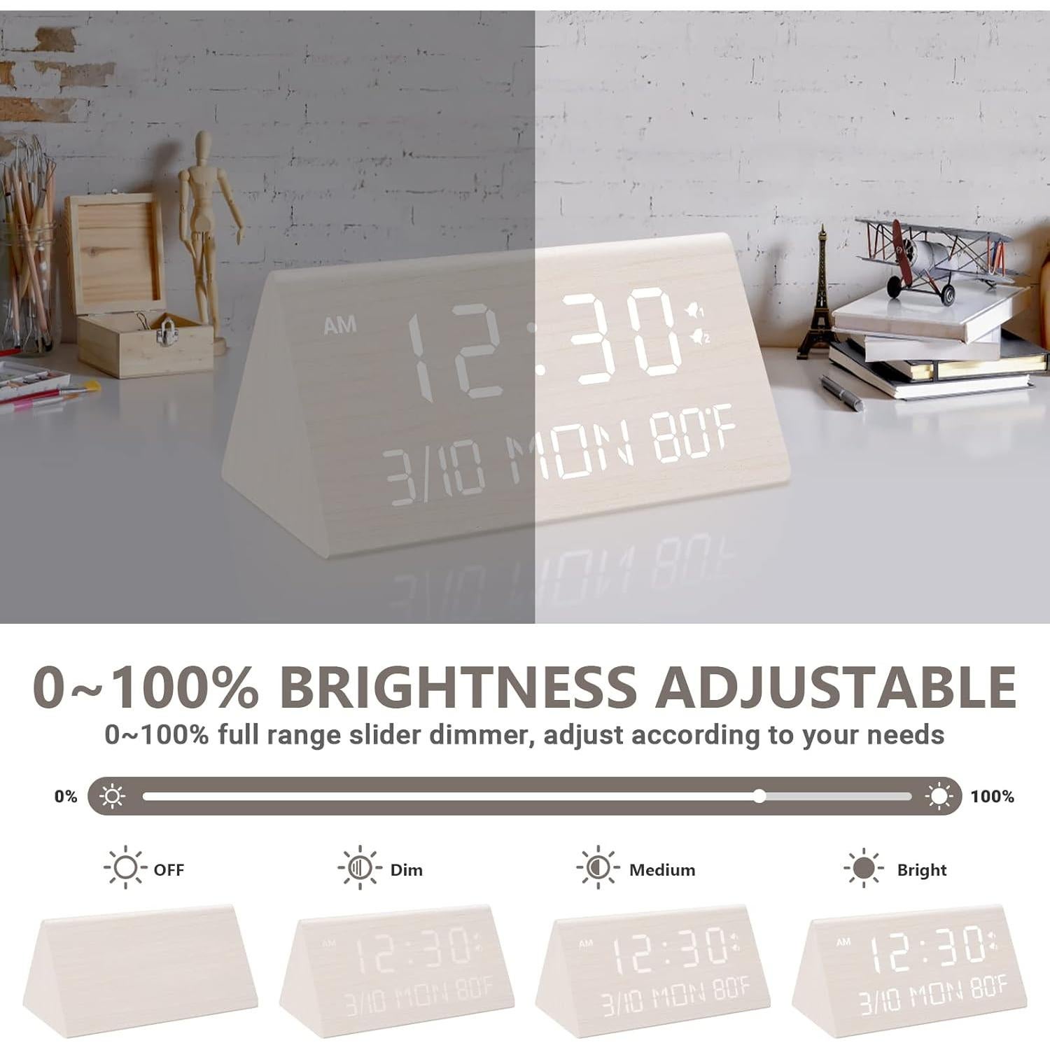 Reloj Despertador Digital Kogonee de Madera Blanco, Doble Alarma