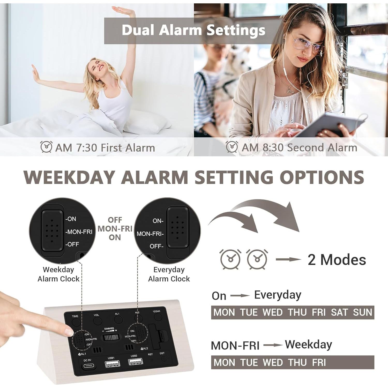 Reloj Despertador Digital Kogonee de Madera Blanco, Doble Alarma