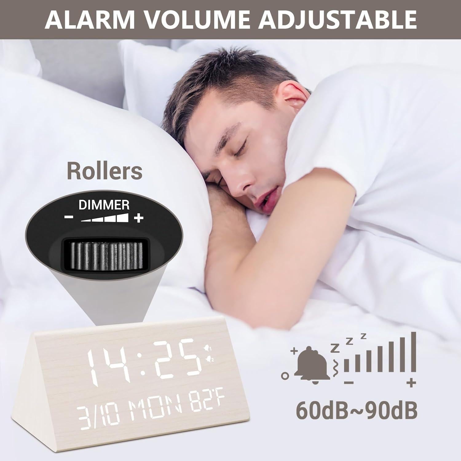 Reloj Despertador Digital Kogonee de Madera Blanco, Doble Alarma