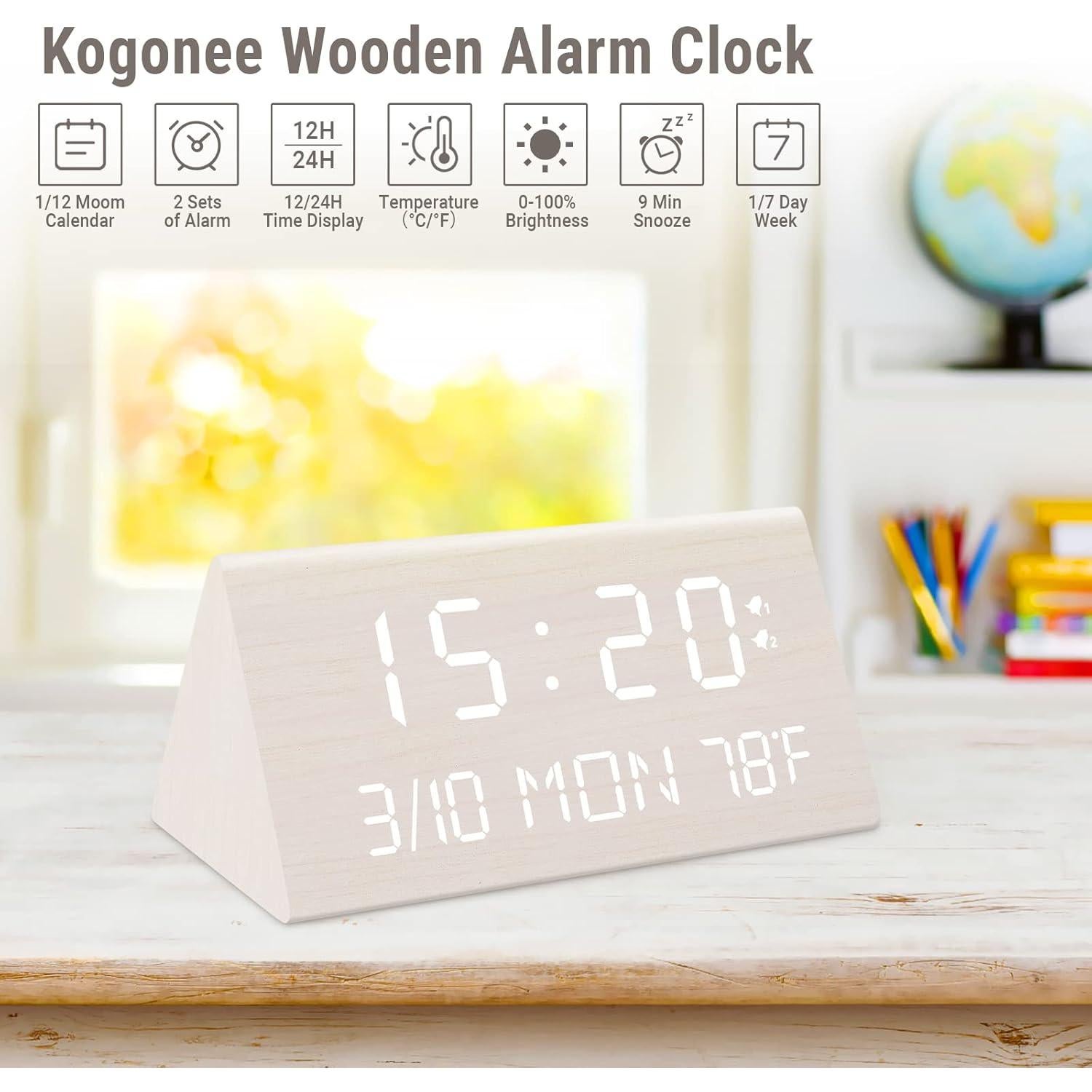 Reloj Despertador Digital Kogonee de Madera Blanco, Doble Alarma