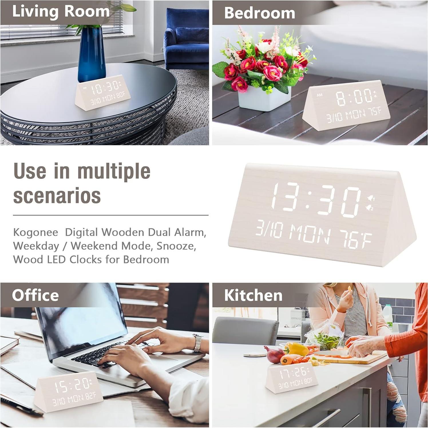 Reloj Despertador Digital Kogonee de Madera Blanco, Doble Alarma