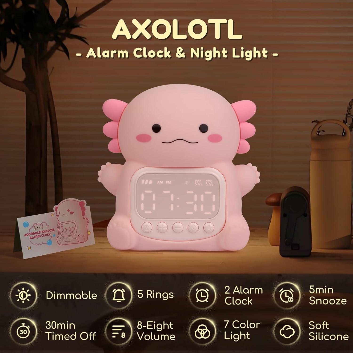 Reloj Despertador Digital Yiliaw Axolotl Rosa con Luz 7 Colores