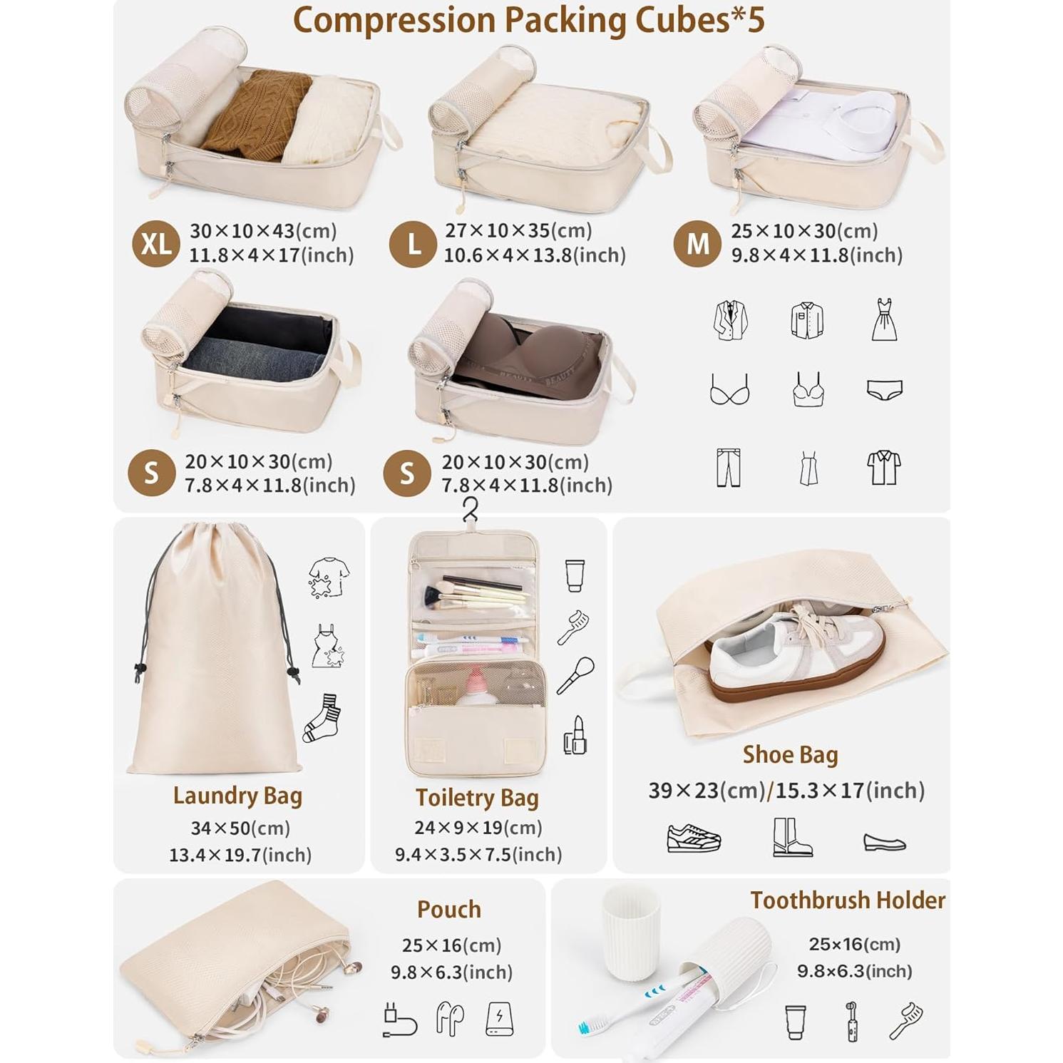 Cubos de Compresión TRMFUSA 10 Piezas Beige para Viaje
