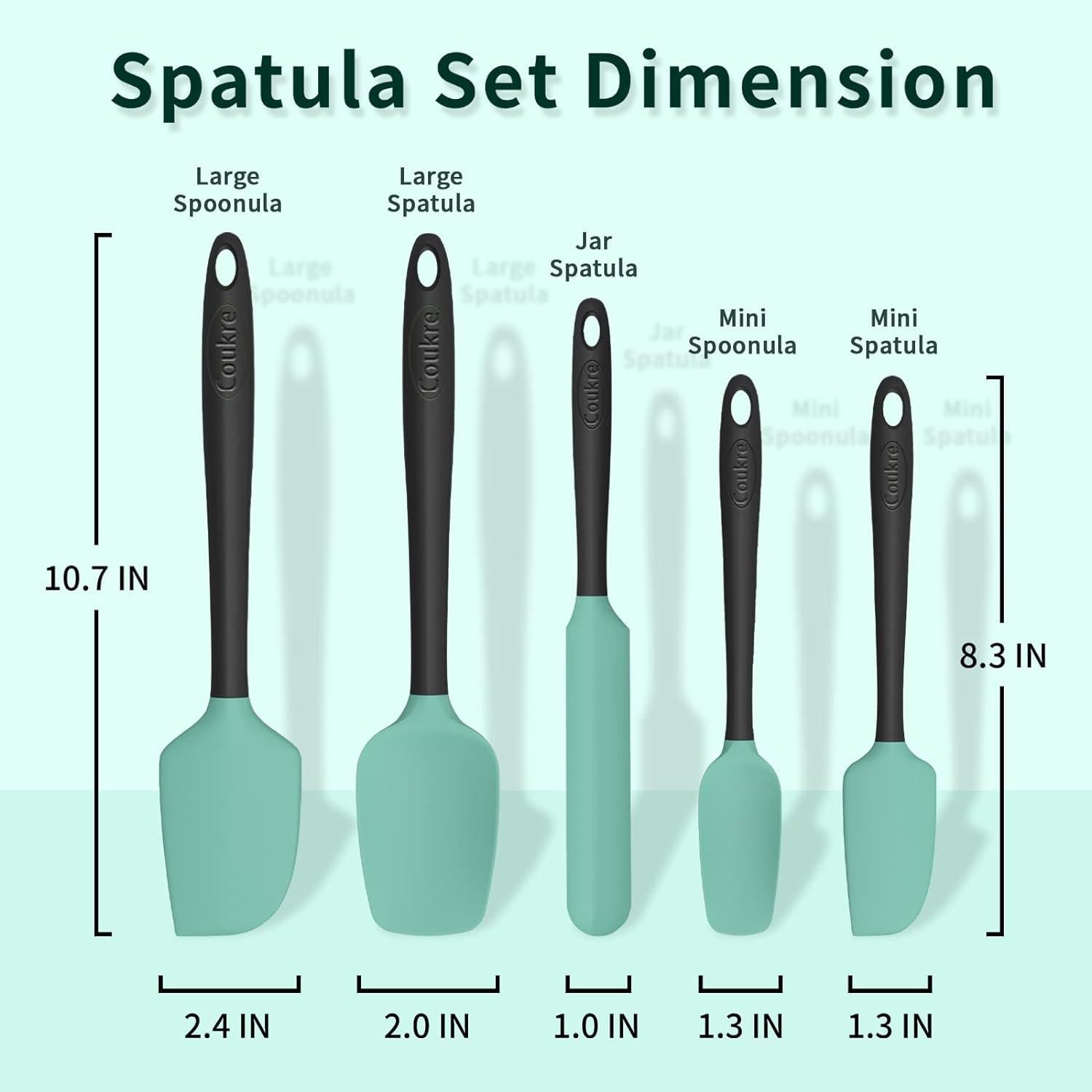Coukre Silicone Spatula Set of 5,High Temperature Resistant, Food Grade Silicone, Dishwasher Safe, for Baking, Cooking (Aqua Green Black, Split-type)