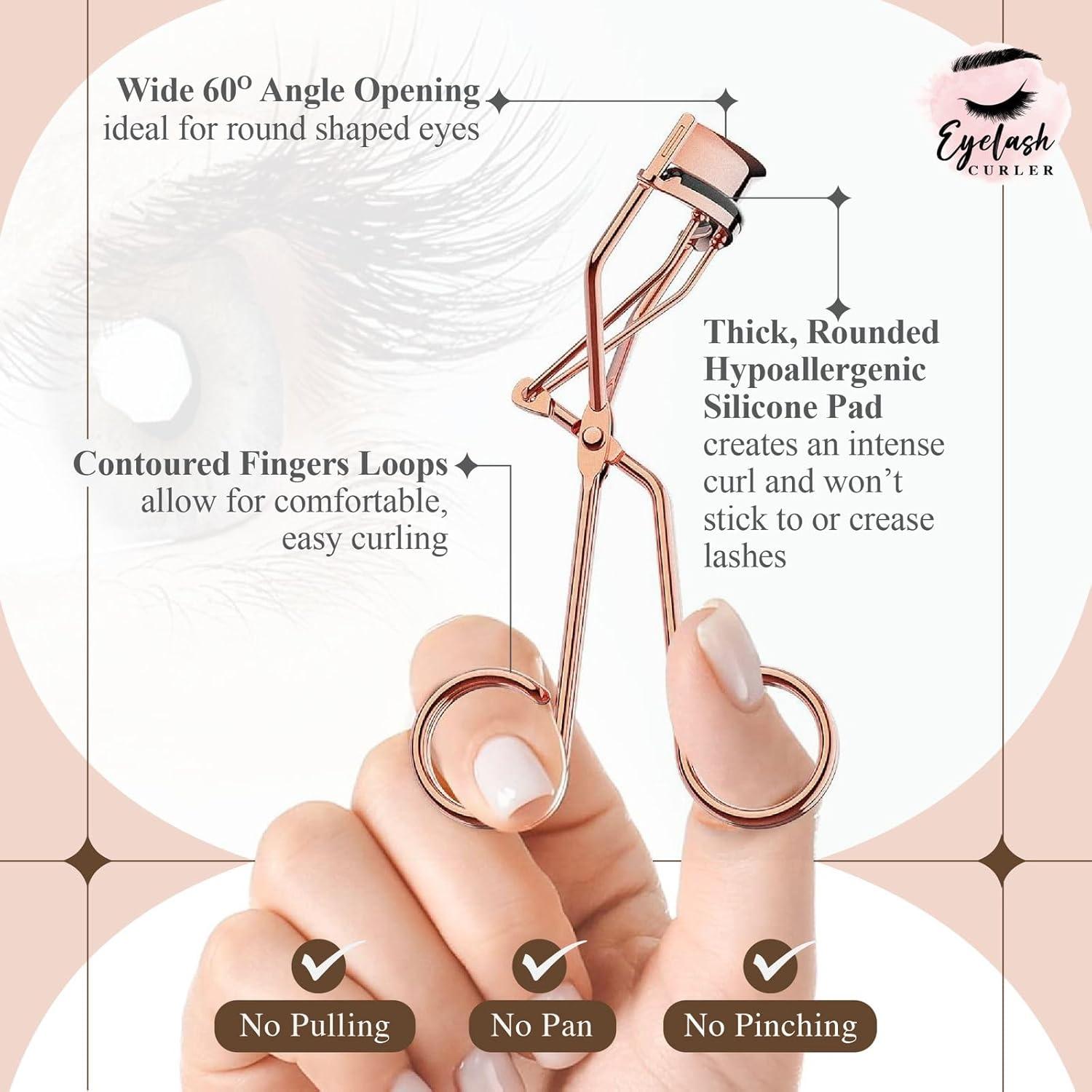 Rizador de Pestañas Genérico Rosa Dorado con Peine y Almohadillas