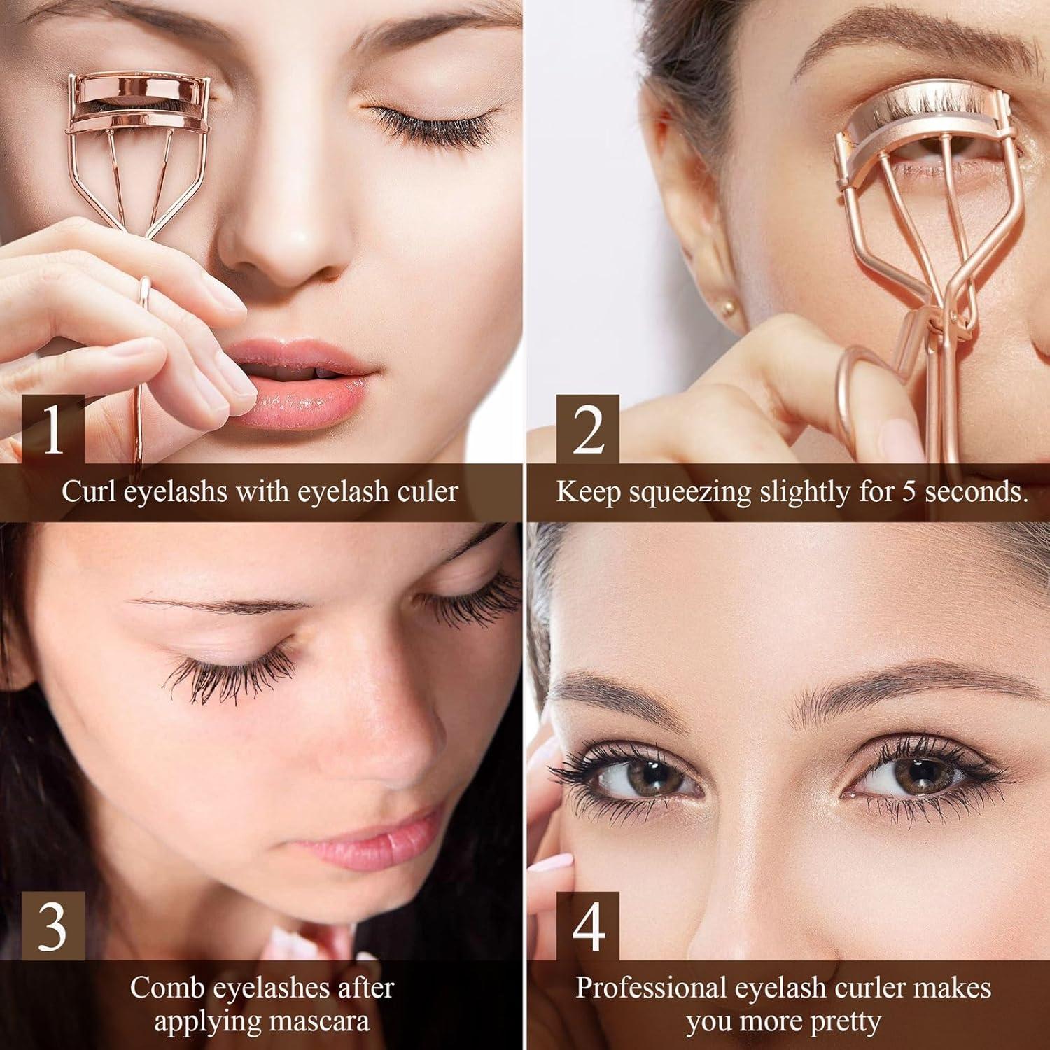 Rizador de Pestañas Genérico Rosa Dorado con Peine y Almohadillas