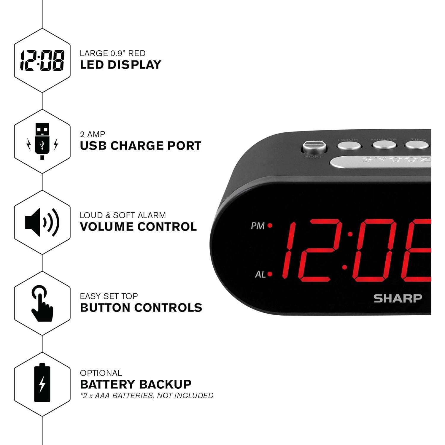 Reloj Despertador Digital SHARP con Carga USB Rápida