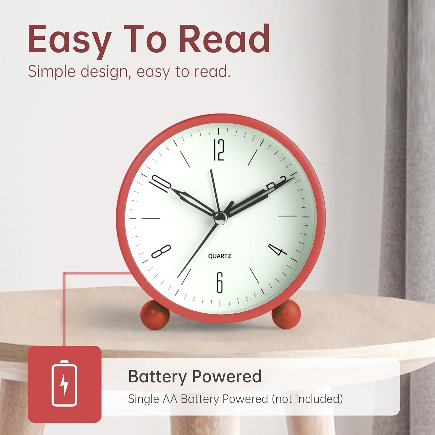 Reloj de Alarma JALL Vintage Rojo 10 cm Silencioso