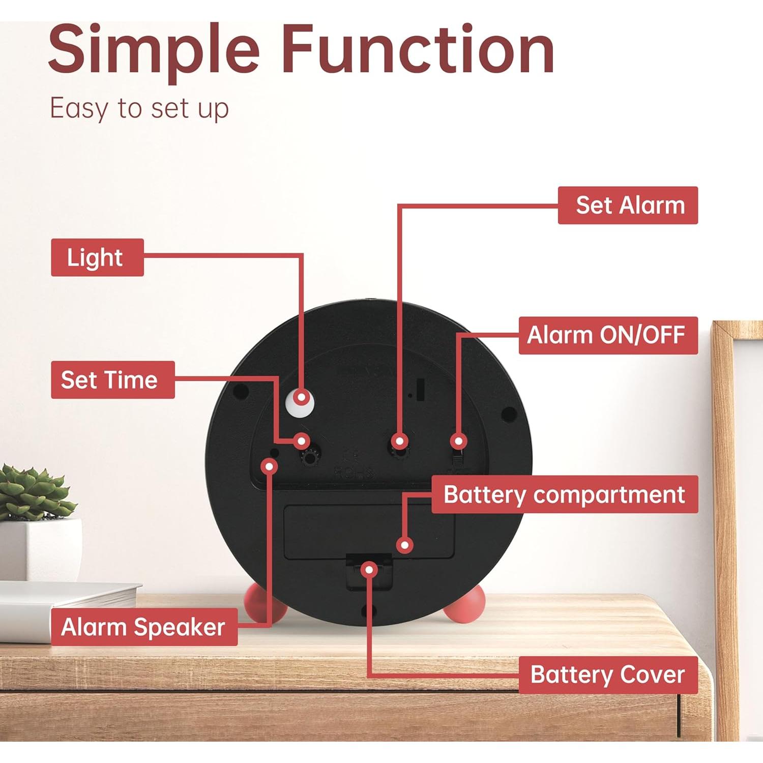 Reloj de Alarma JALL Vintage Rojo 10 cm Silencioso