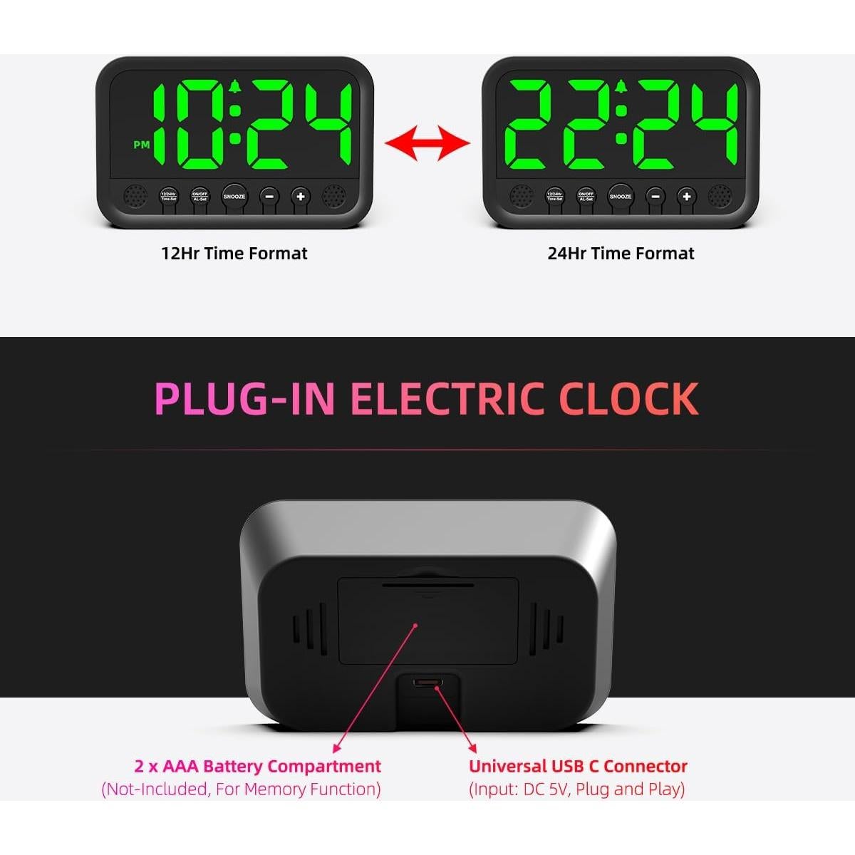 Reloj Digital LED XUANZIT Verde con Alarma y Brillo Ajustable