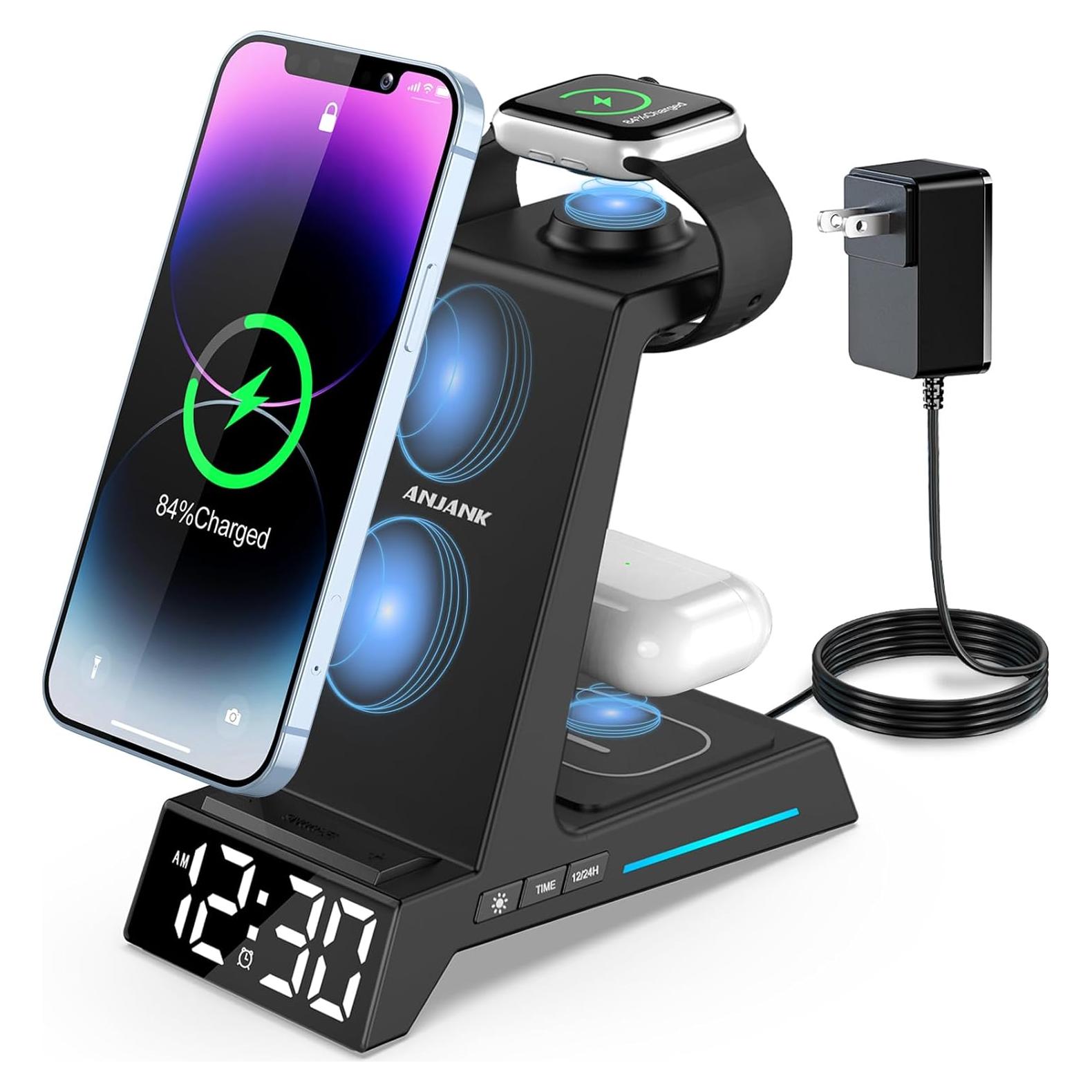 Estación de Carga Inalámbrica ANJANK 4 en 1 con Reloj