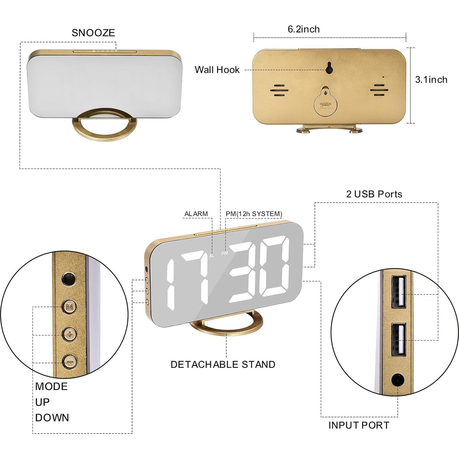 Reloj Despertador Digital SZELAM Oro con Espejo y USB