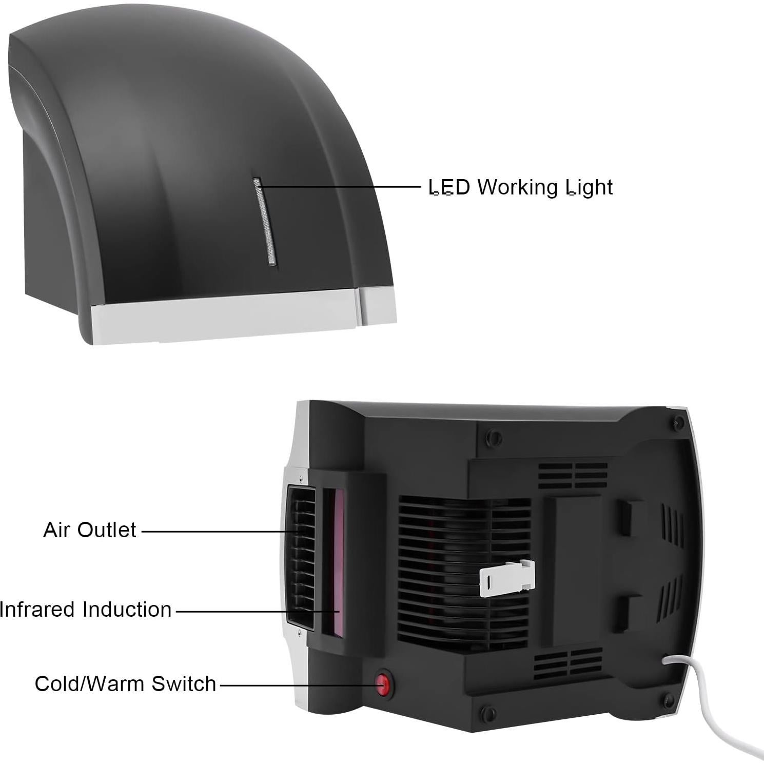 Secador de Manos Eléctrico Automático FFanhia 1800W Negro