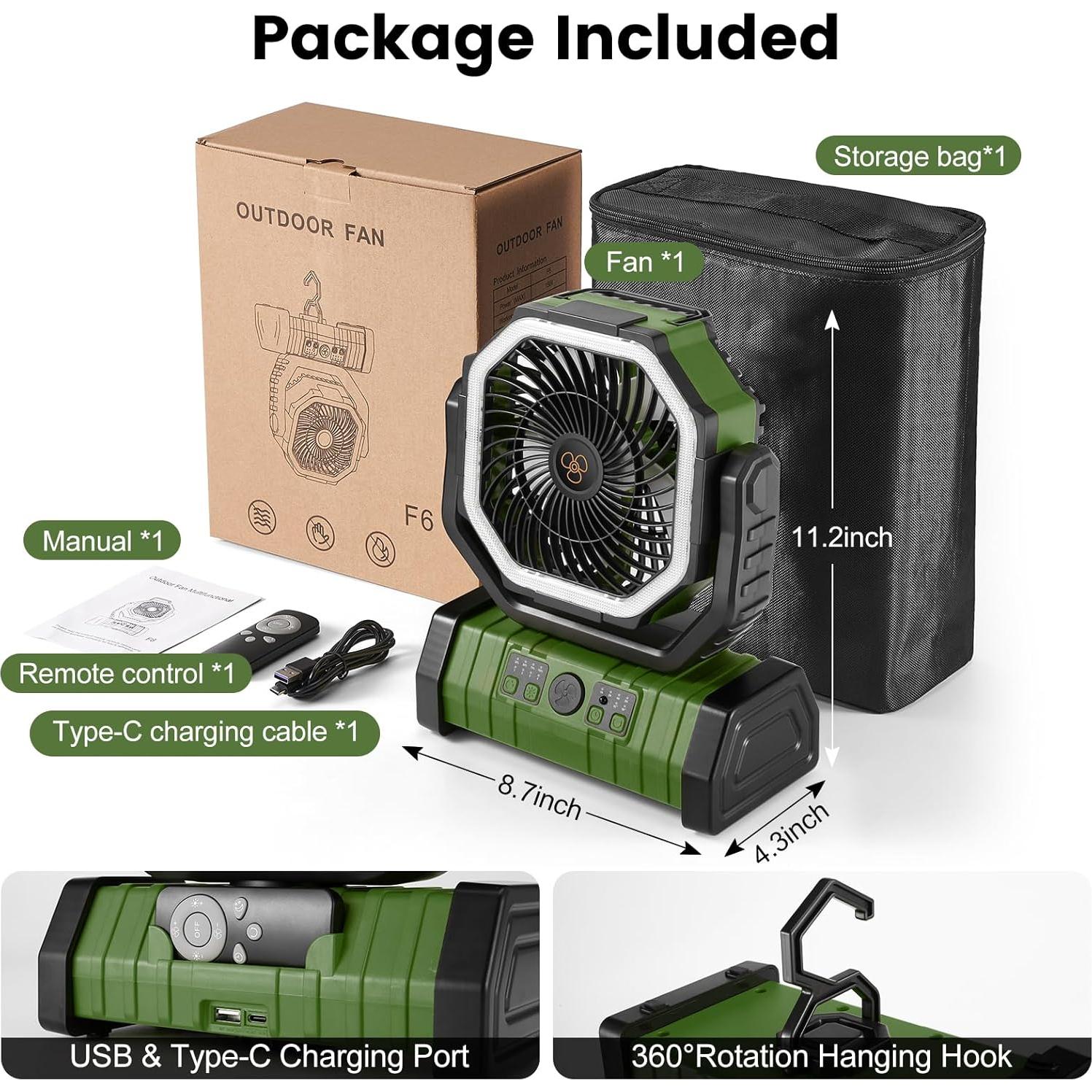 Ventilador de Camping Odoland 30000mAh con Linterna LED Verde